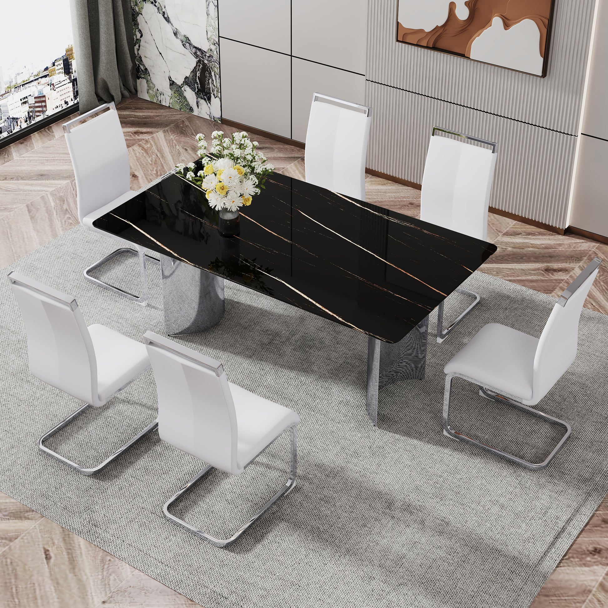 Modern Minimalist Dining Table. The Black Imitation Marble Glass Desktop Is Equipped With Silver Metal Legs. Suitable For Restaurants And Living Rooms 71 "* 39.3" * 29.5 "Dt 69 Black Glass