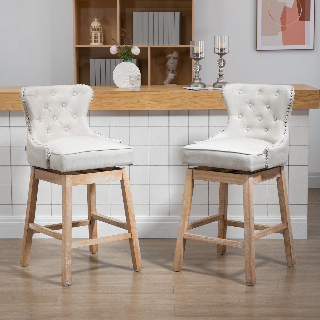 Upholstered Fabric Bar Height Bar Stools, 180 Swivel Trim Pub Chairs, 30" Seat Height With Rubber Wood Legs, Set Of 2, Cream Cream White Linen