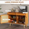 Storage Cabinet, Boho Kitchen Cabinet With 2 Drawers, Adjustable Shelf, Rattan Doors And Wooden Legs, Accent Cabinet For Living Room, Light Brown Light Brown Particle Board