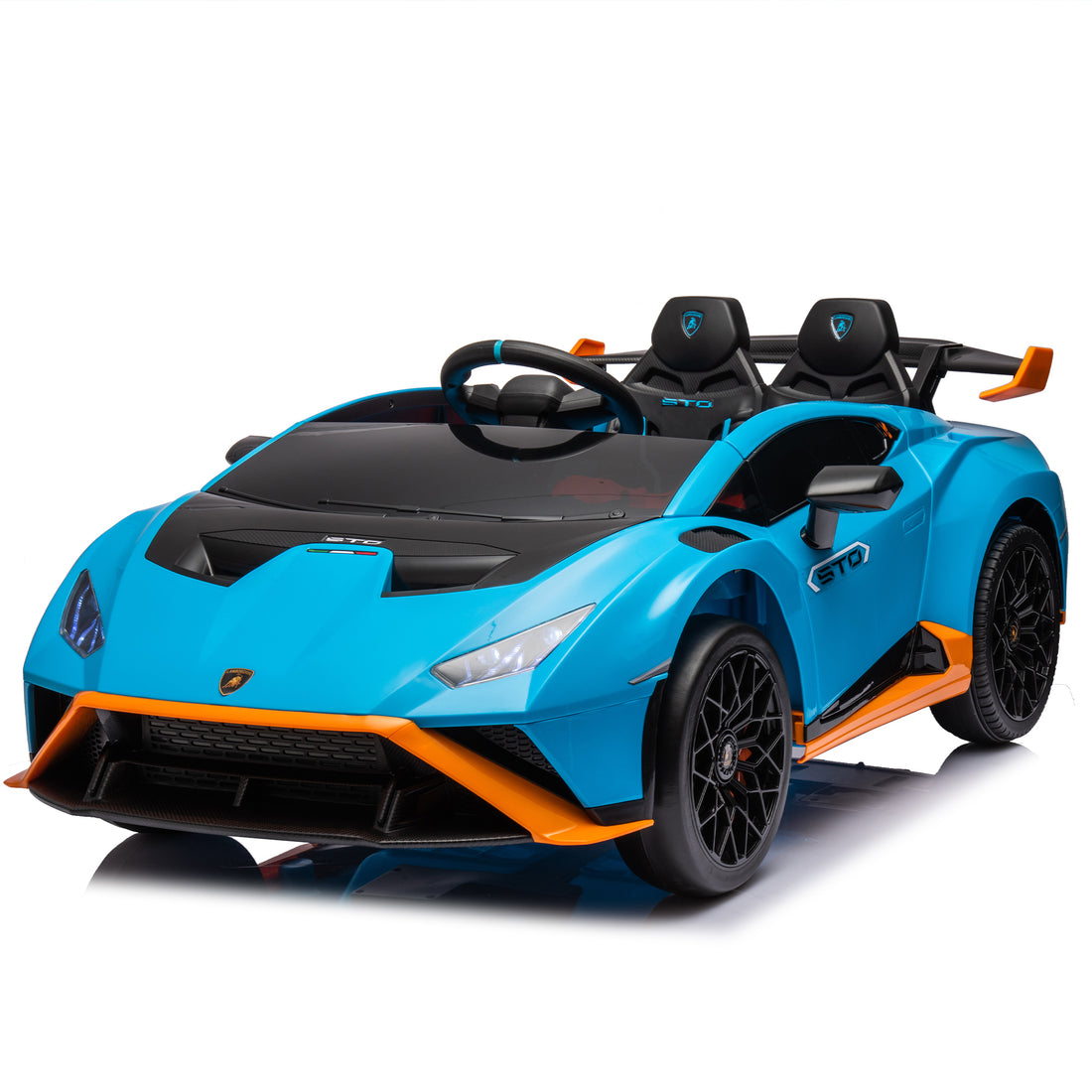 Lamborghini Huracan Sto 24V Kids Electric Ride On Drift Car: Speeds 1.86 5.59 Mph, Ages 3 8, Foam Front Wheels, 360 Spin, Led Lights, Dynamic Music, Early Learning, Usb Port, Drift Feature Blue Polypropylene