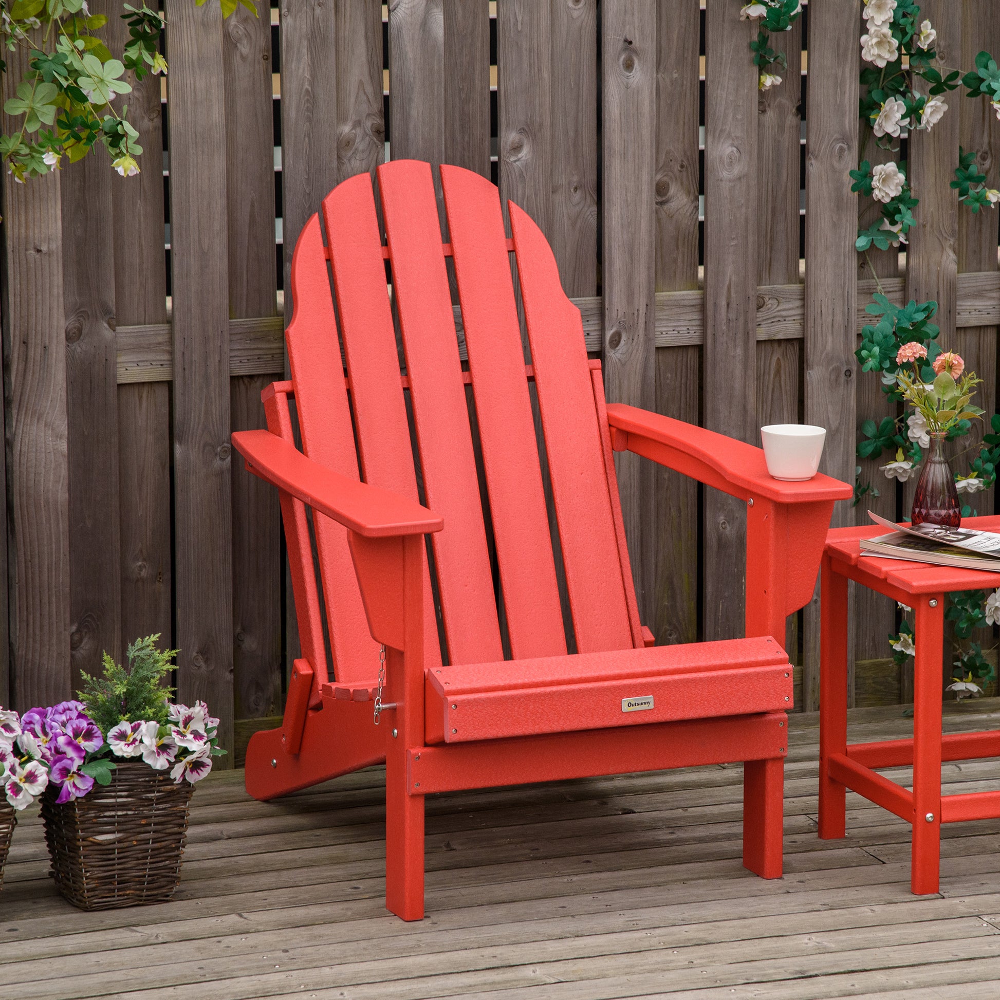 Folding Adirondack Chair, Faux Wood Patio & Fire Pit Chair, Weather Resistant Hdpe For Deck, Outside Garden, Porch, Backyard, Red Red Polyethylene