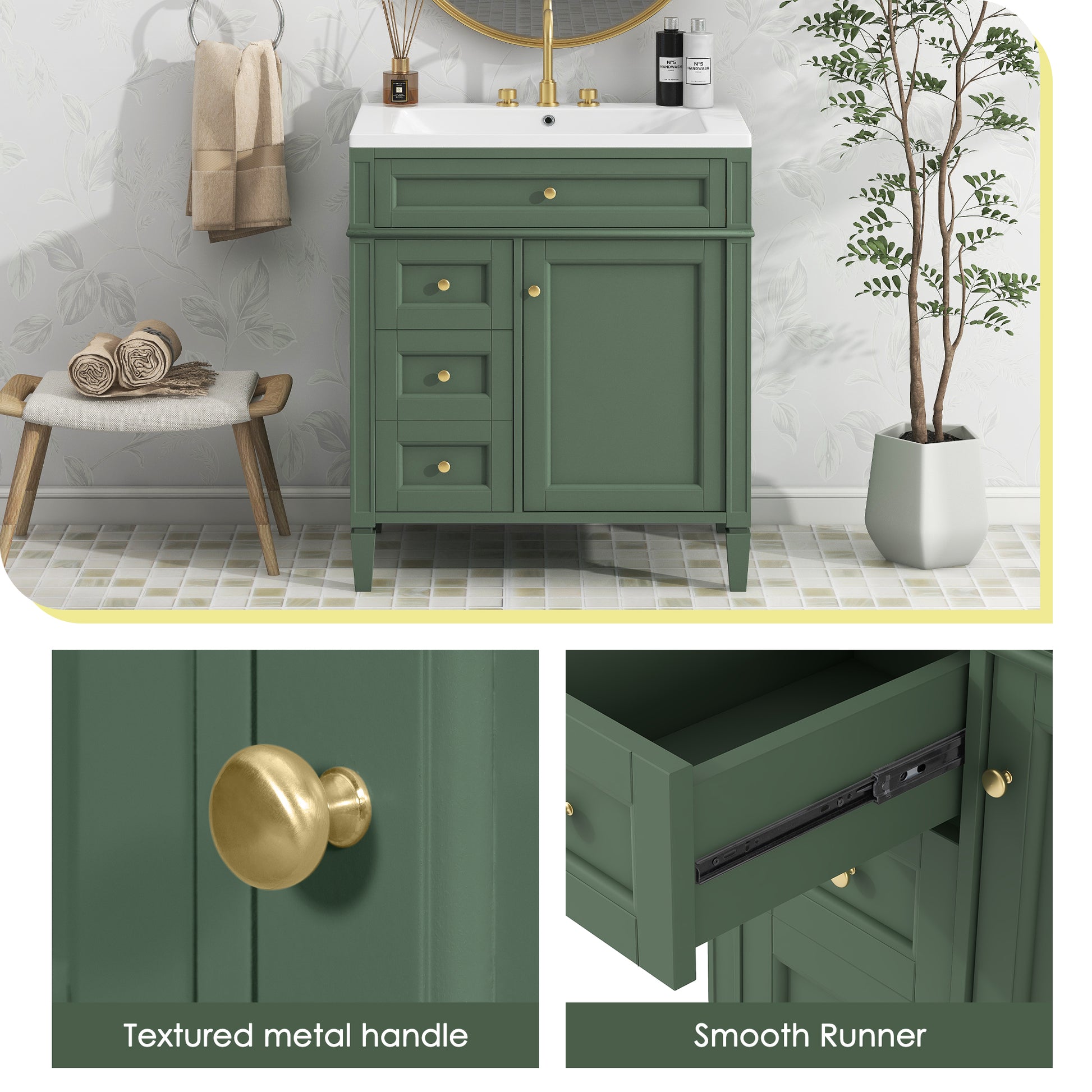 30'' Bathroom Vanity With Top Sink, Modern Bathroom Storage Cabinet With 2 Drawers And A Tip Out Drawer, Single Sink Bathroom Vanity Green Mdf