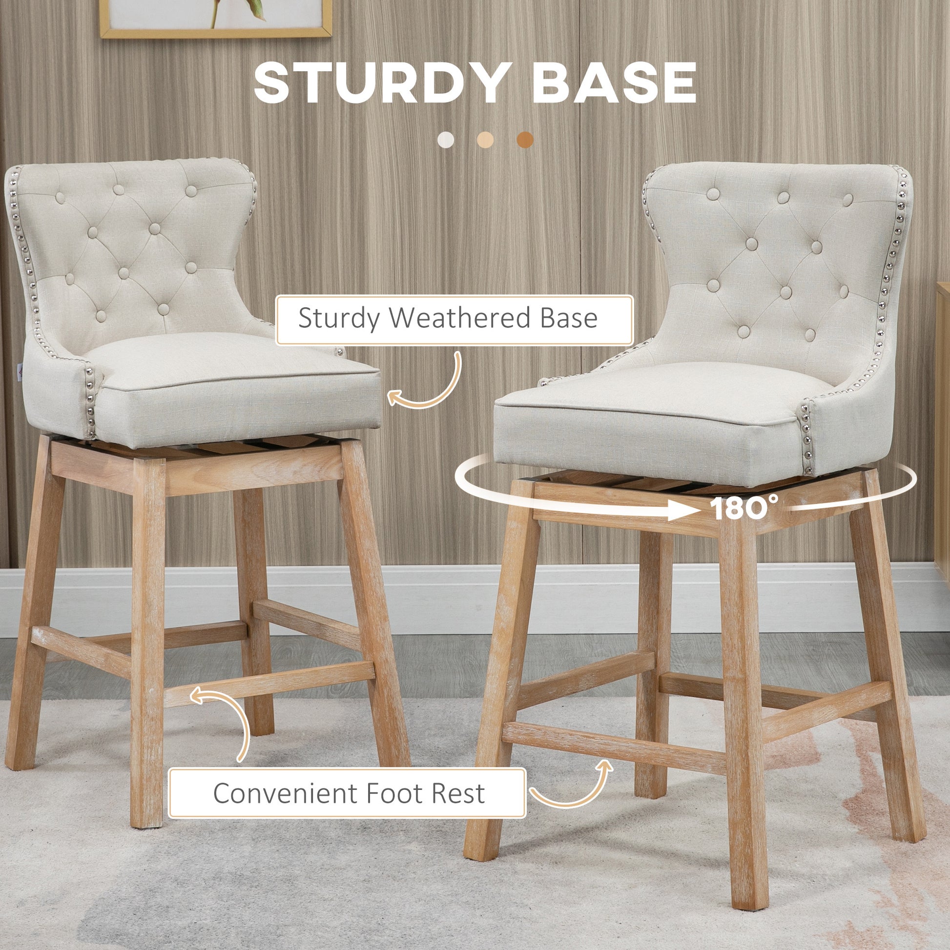 Upholstered Fabric Bar Height Bar Stools, 180 Swivel Trim Pub Chairs, 30" Seat Height With Rubber Wood Legs, Set Of 2, Cream Cream White Linen