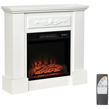 32" Electric Fireplace With Mantel, Freestanding Heater With Led Log Flame, Overheat Protection And Remote Control, 1400W, White White Steel