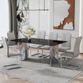 Modern Minimalist Dining Table. The Black Imitation Marble Glass Desktop Is Equipped With Silver Metal Legs. Suitable For Restaurants And Living Rooms 71 