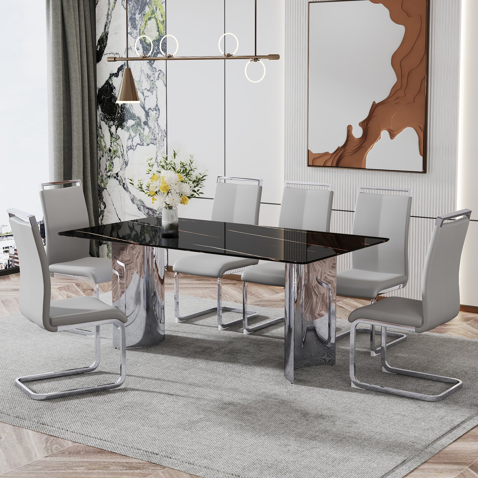 Modern Minimalist Dining Table. The Black Imitation Marble Glass Desktop Is Equipped With Silver Metal Legs. Suitable For Restaurants And Living Rooms 71 "* 39.3" * 29.5 "Dt 69 Black Glass