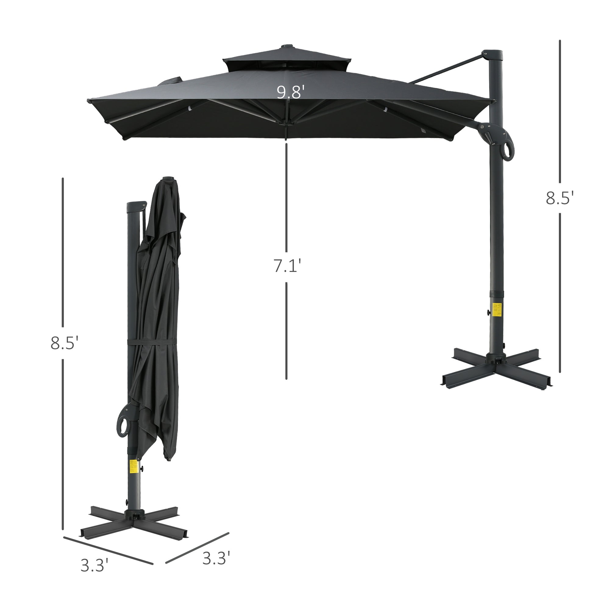 10Ft Offset Patio Umbrella, Hanging Cantilever Umbrella, Square Shape, Aluminum Cross Base, Tilt, 360 Degree Rotation, Gray Gray Aluminium 10Ft Offset Patio Umbrella, Hanging Cantilever Umbrella, Square Shape, Aluminum Cross Base, Tilt, 360 Degree Rotation, Gray Gray Aluminium