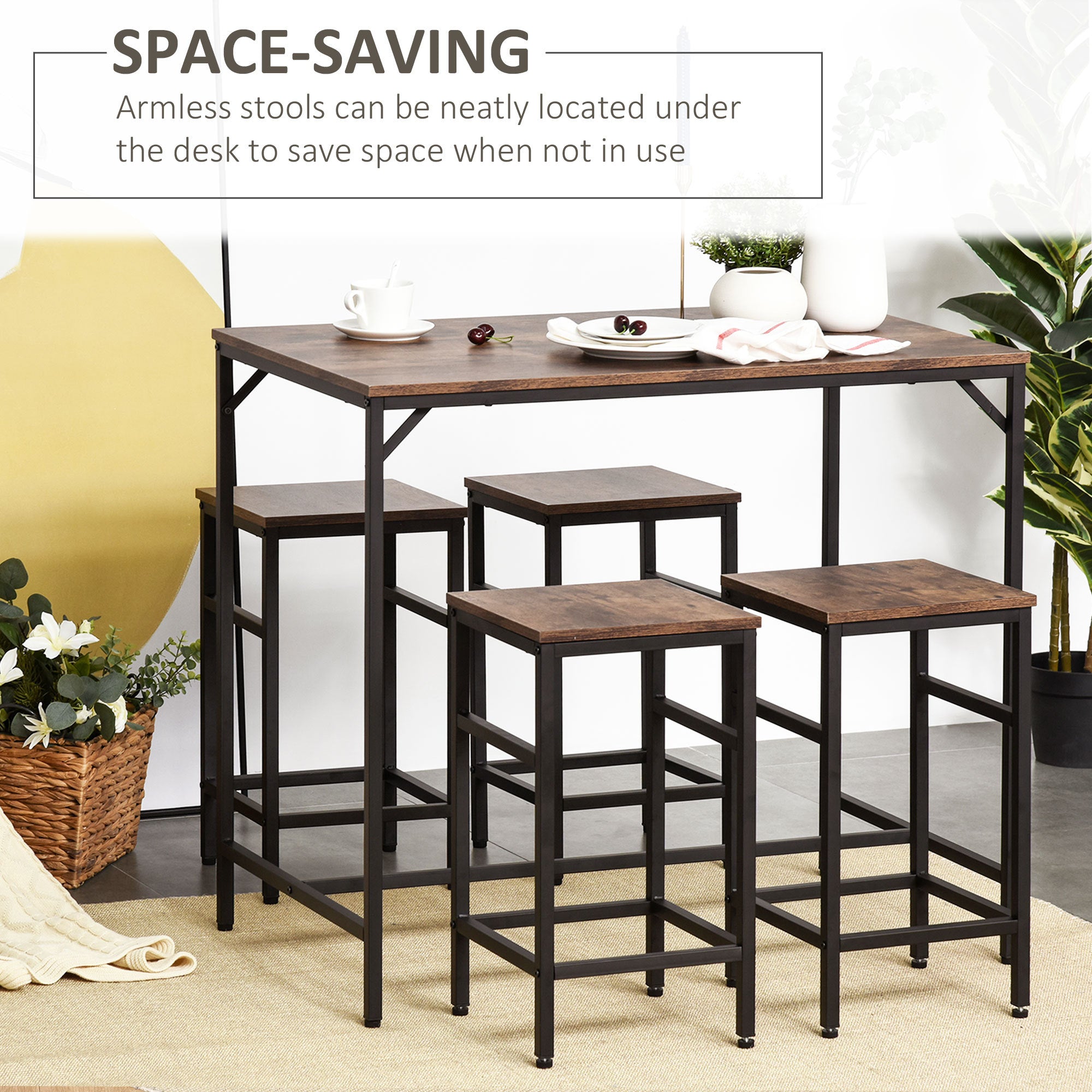 5 Piece Industrial Dining Table Set, Bar Table & 4 rustic brown-particle board