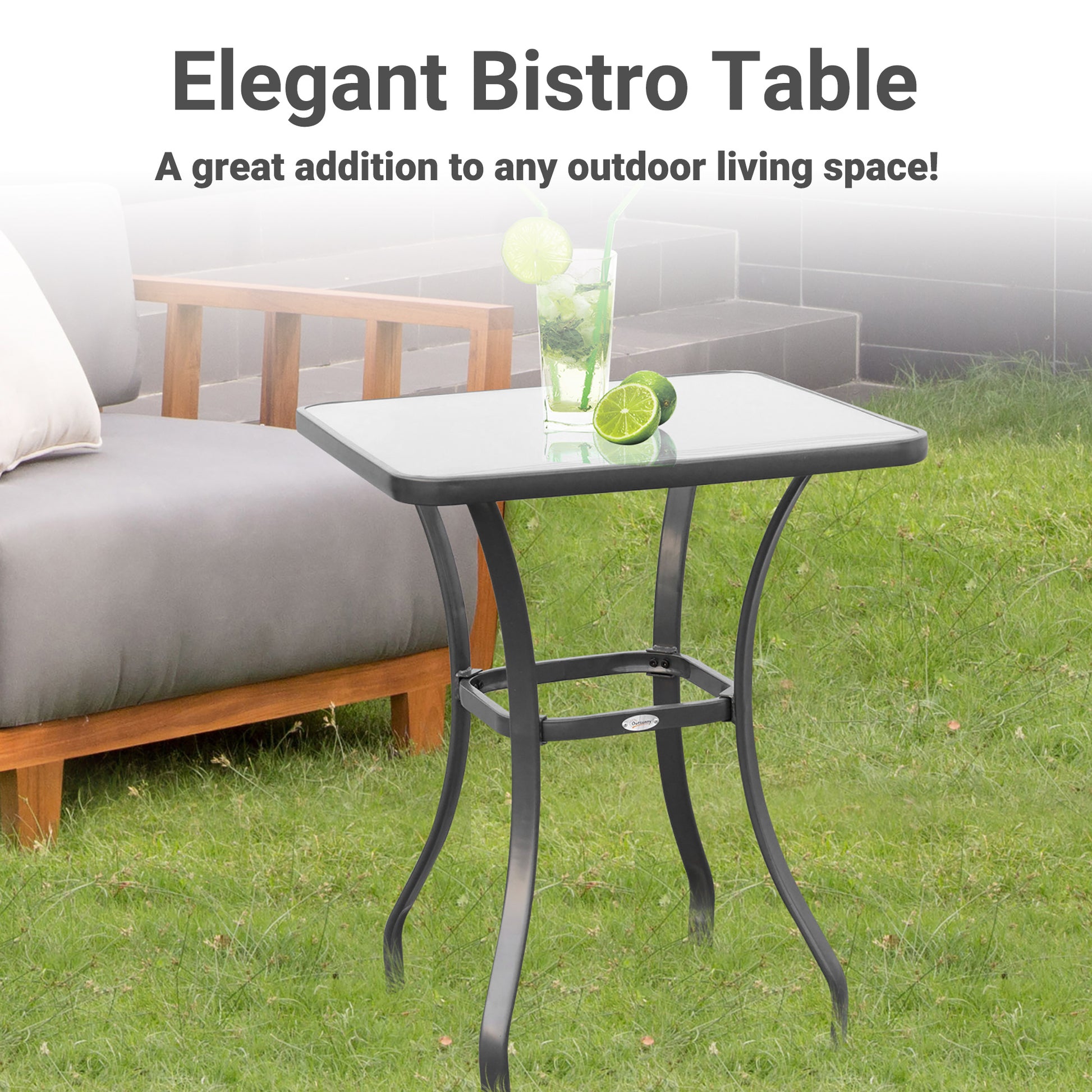 27" Square Bistro Table Garden Dining Table Outdoor Tempered Glass Table Black Steel