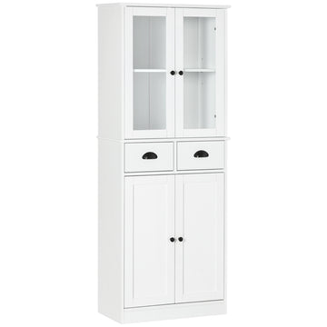 61" Freestanding Kitchen Pantry, Traditional Style Storage Cabinet With Soft Close Doors, Adjustable Shelves, And 2 Drawers, For Living Room, Dining Room, White White Mdf