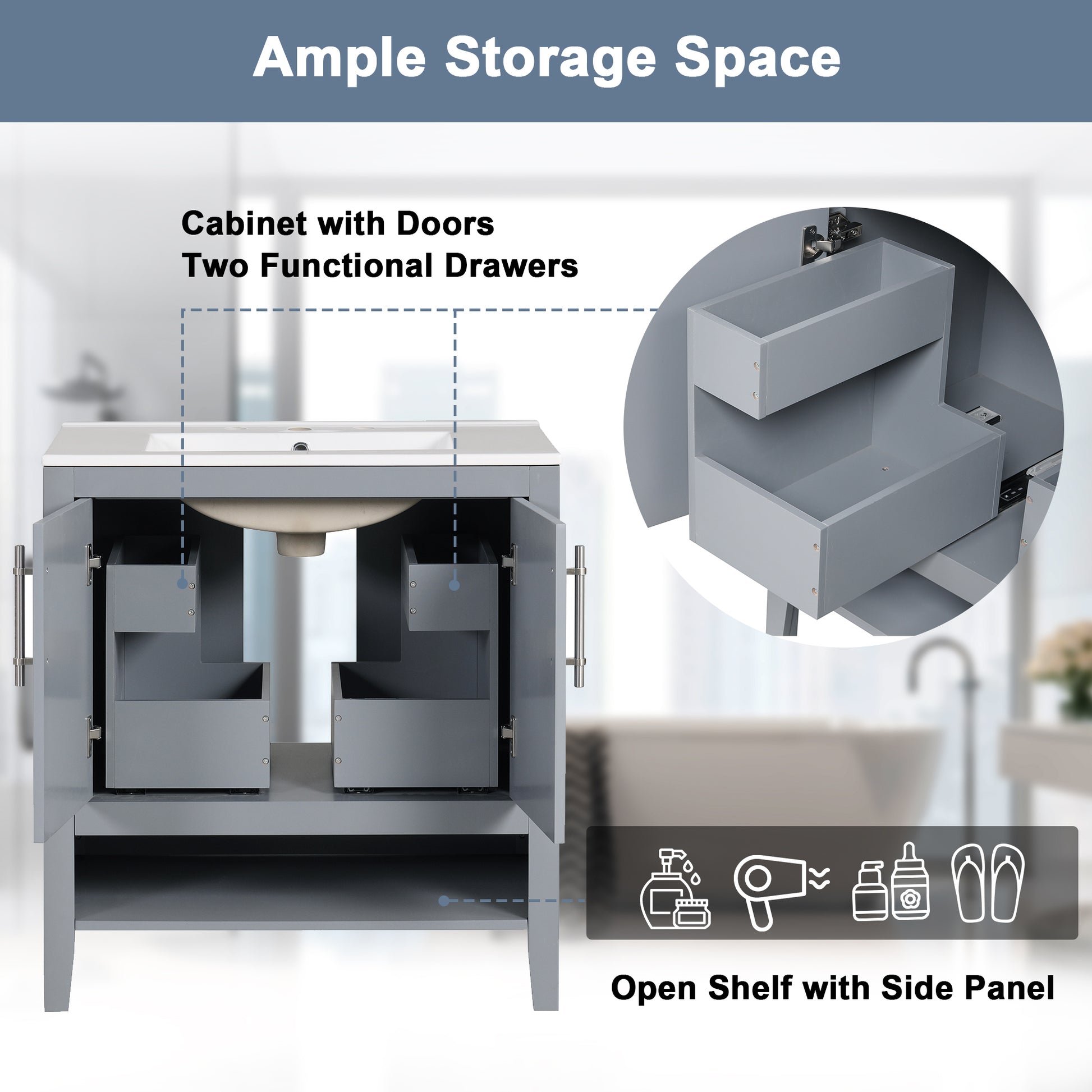 30" Bathroom Vanity With Sink, Multi Functional Bathroom Cabinet With Doors And Drawers, Solid Frame And Mdf Board, Grey Grey Solid Wood Mdf