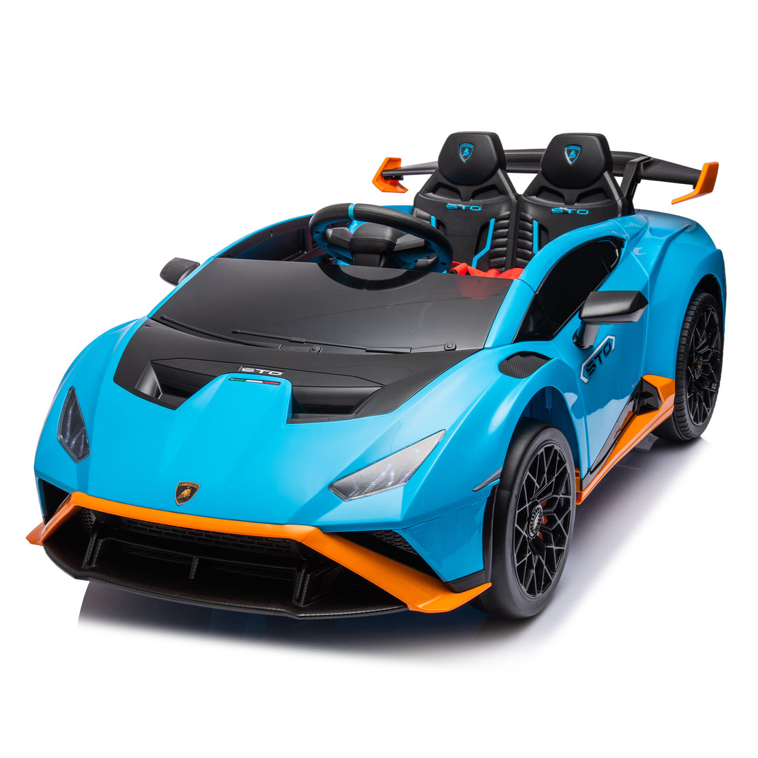Lamborghini Huracan Sto 24V Kids Electric Ride On Drift Car: Speeds 1.86 5.59 Mph, Ages 3 8, Foam Front Wheels, 360 Spin, Led Lights, Dynamic Music, Early Learning, Usb Port, Drift Feature Blue Polypropylene