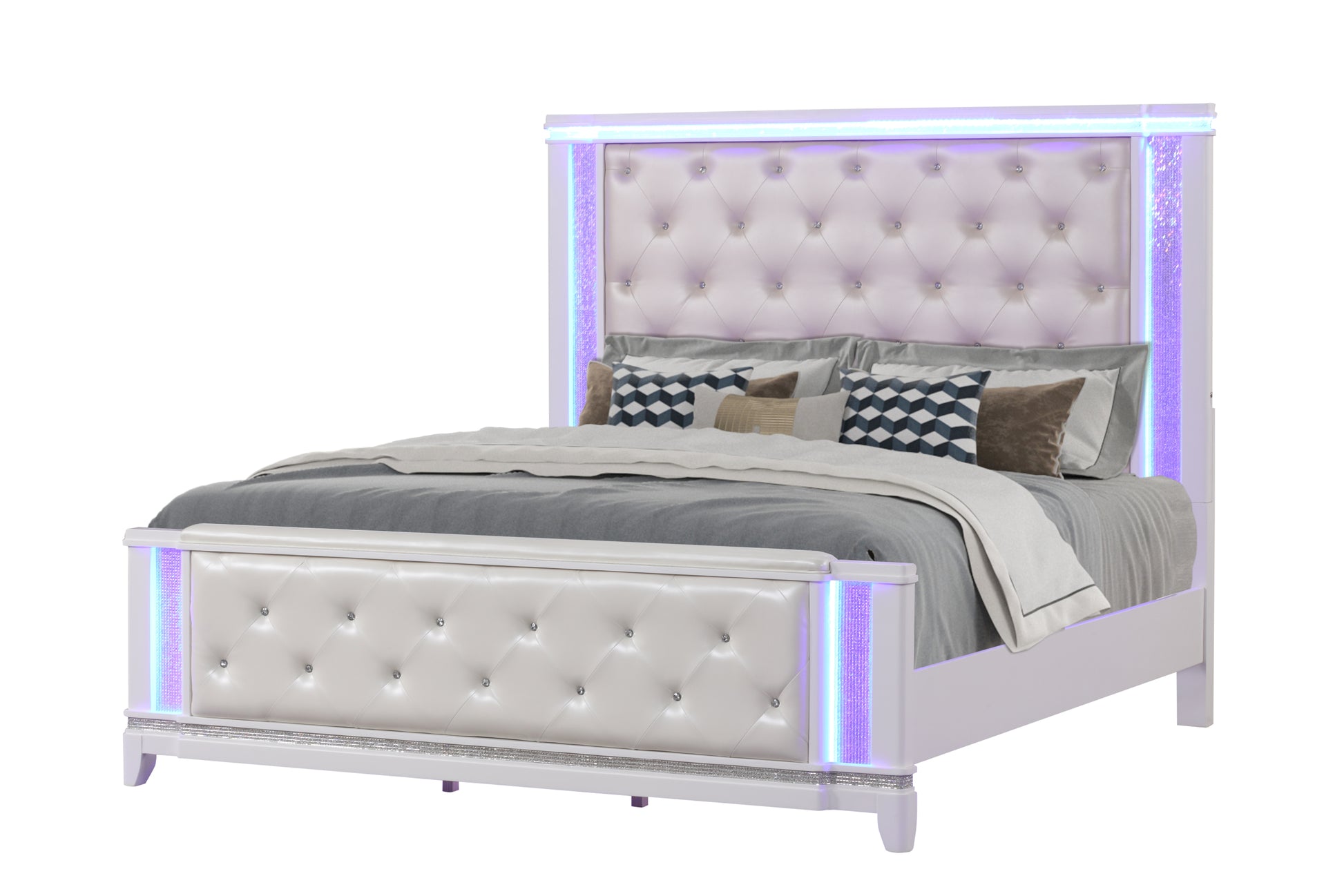 Opium King 5 Pc Bedroom Set In Milky White Box Spring Required King White Wood 5 Piece Set Bedroom Bed Included,Chest Included,Dresser Included,Mirror Included,Nightstand Included Contemporary,Modern Upholstered Built In Lighting Wood