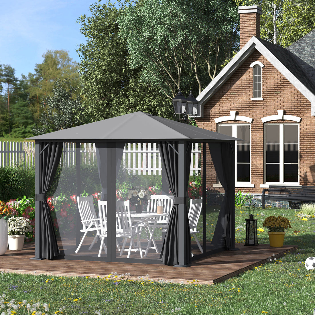 10' X 10' Patio Gazebo, Outdoor Gazebo Canopy Shelter With Netting & Curtains, Vented Roof, For Garden, Lawn, Backyard And Deck, Black Black Metal