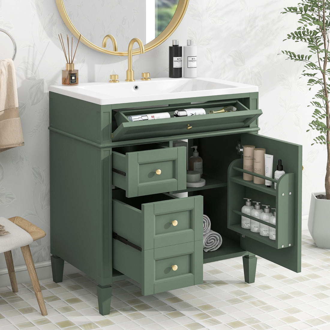 30'' Bathroom Vanity With Top Sink, Modern Bathroom Storage Cabinet With 2 Drawers And A Tip Out Drawer, Single Sink Bathroom Vanity Green Mdf