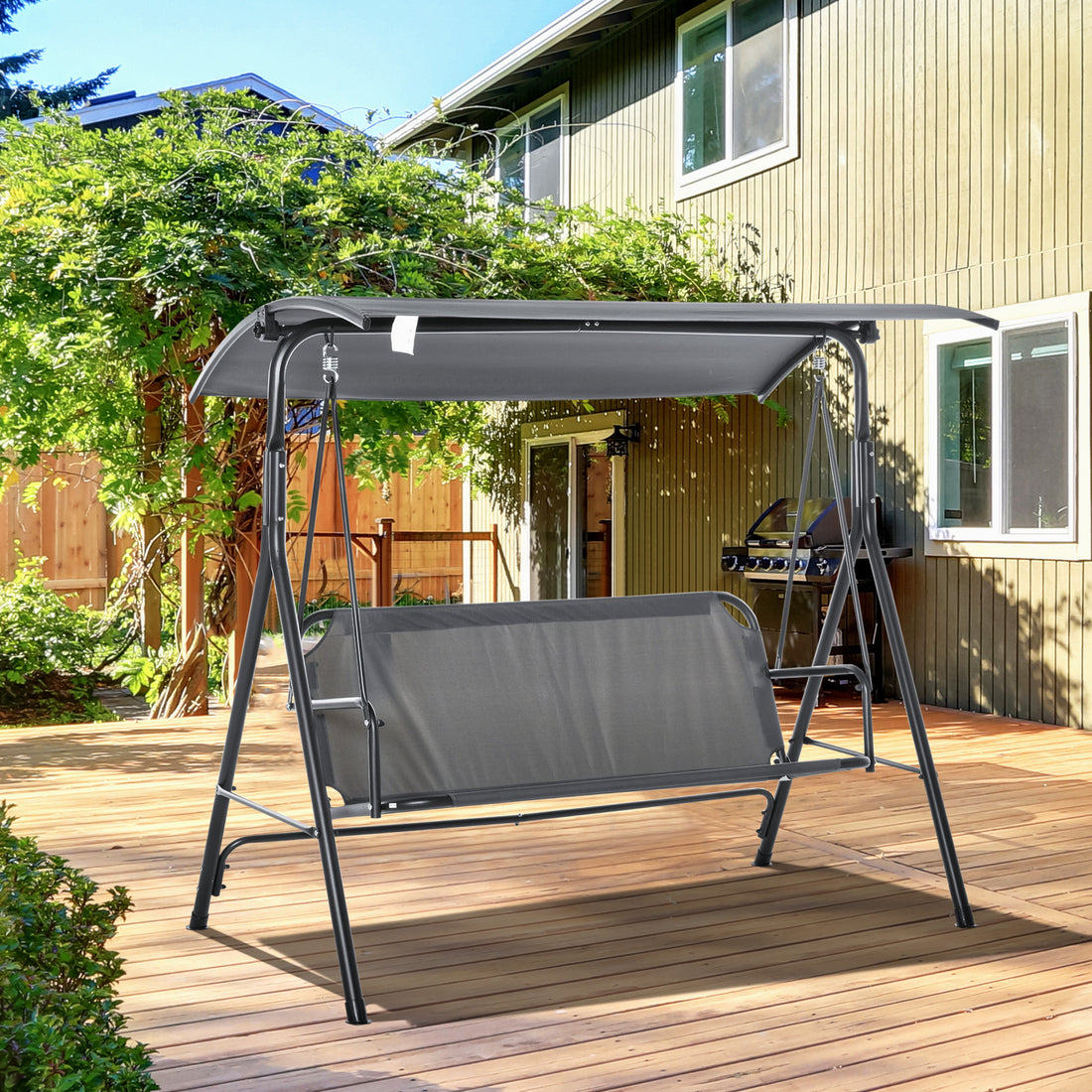 3 Person Porch Swing With Stand, Outdoor Swing For Patio Porch With Adjustable Tilt Canopy And Comfortable Swing Bench Style Seat, Steel Frame, Gray Gray Steel