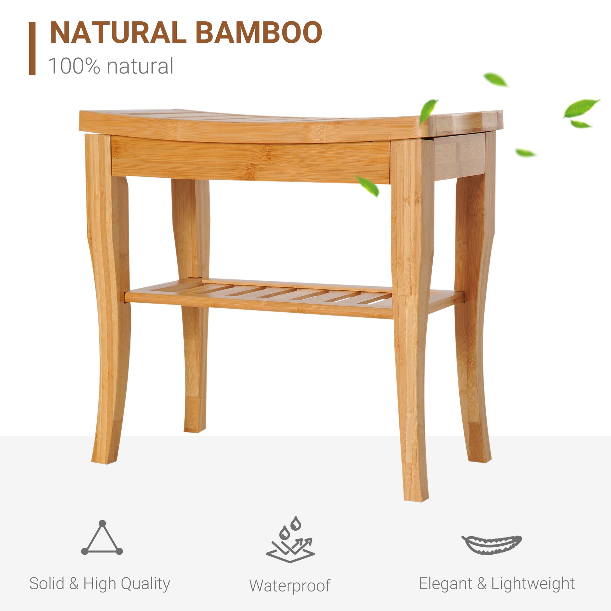 Long Bamboo Shower Bench Seat, 20" Wooden Spa Shower Stool With Underneath Storage Shelf Shoe Organizer Natural Wood Bamboo