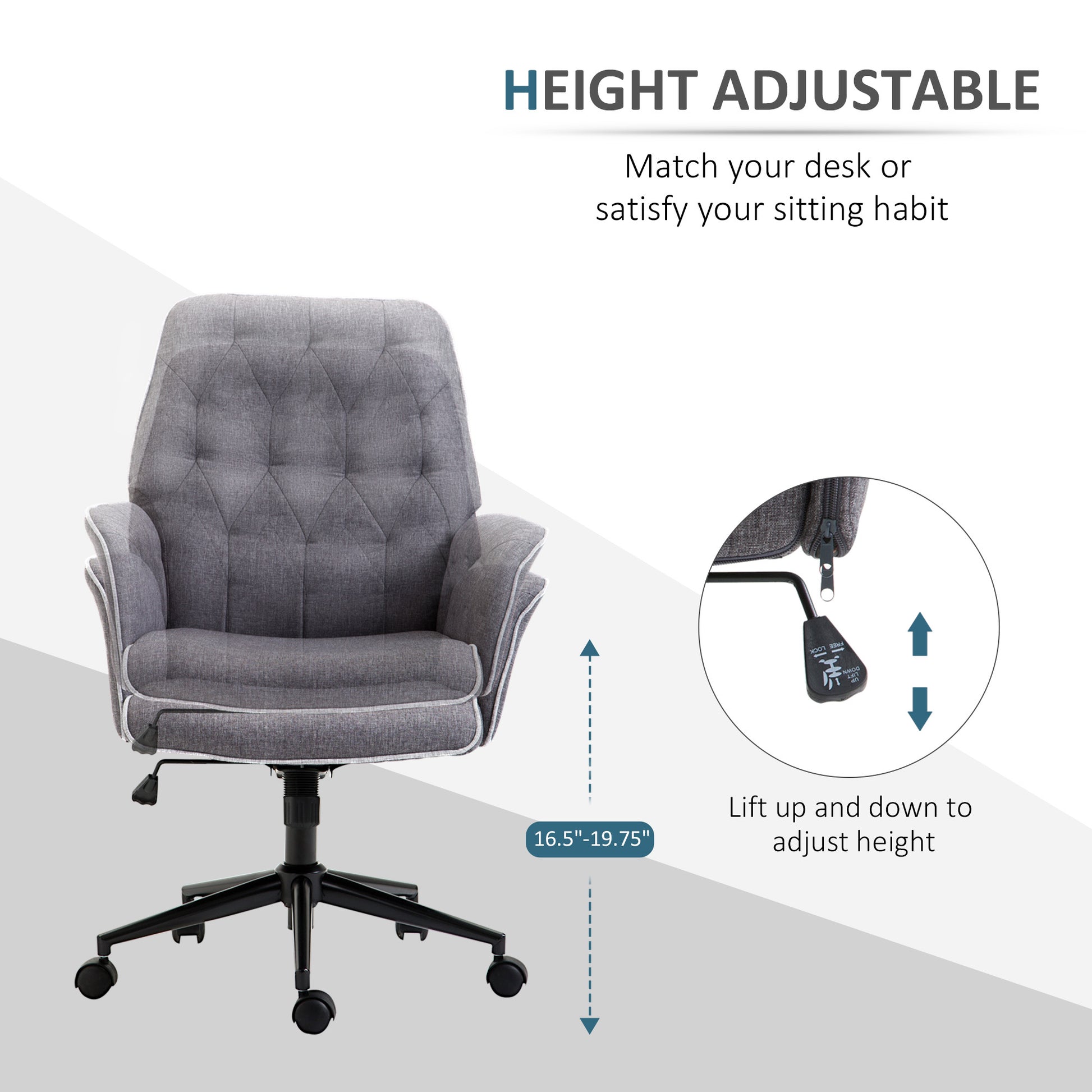 Linen Home Office Chair, Tufted Height Adjustable Computer Desk Chair With Swivel Wheels And Padded Armrests, Dark Gray Grey Fabric