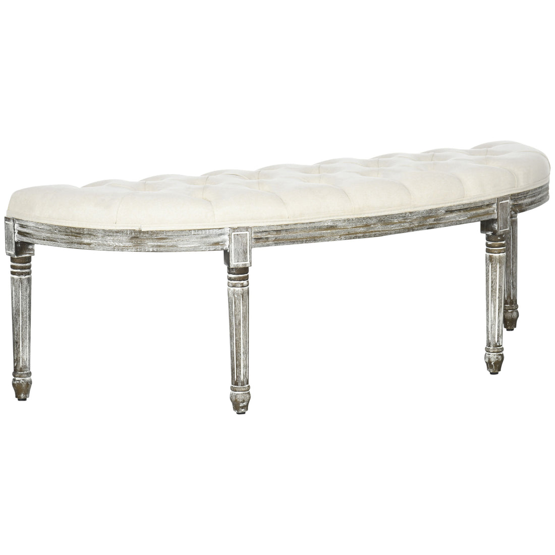 Semi Circle End Of Bed Bench With Tufted Design, Upholstered Bedroom Entryway Bench With Rubberwood Legs, Off White Off White Polyester