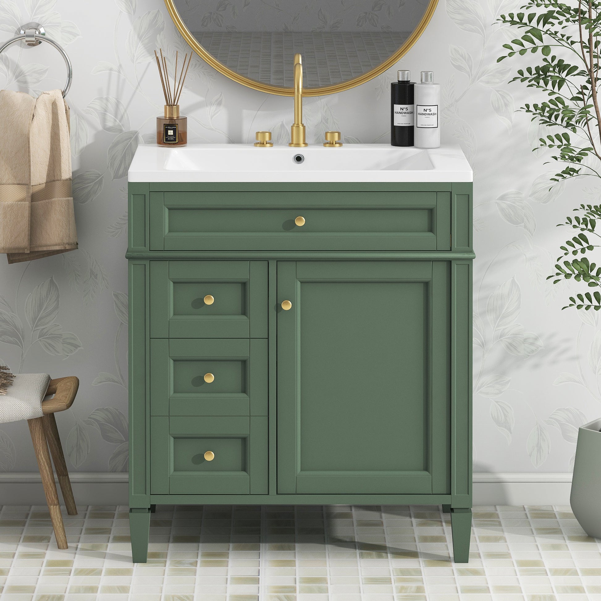 30'' Bathroom Vanity With Top Sink, Modern Bathroom Storage Cabinet With 2 Drawers And A Tip Out Drawer, Single Sink Bathroom Vanity Green Mdf