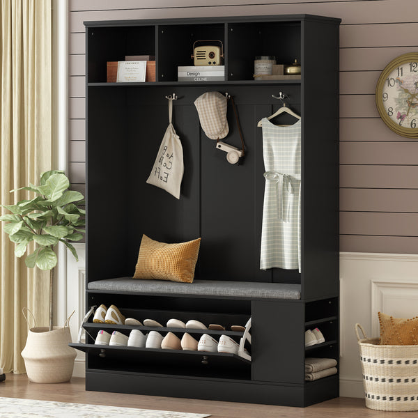 5 In 1 Entryway Bench With Coat Rack, Cushion And 3 Sturdy Hooks, 47.2