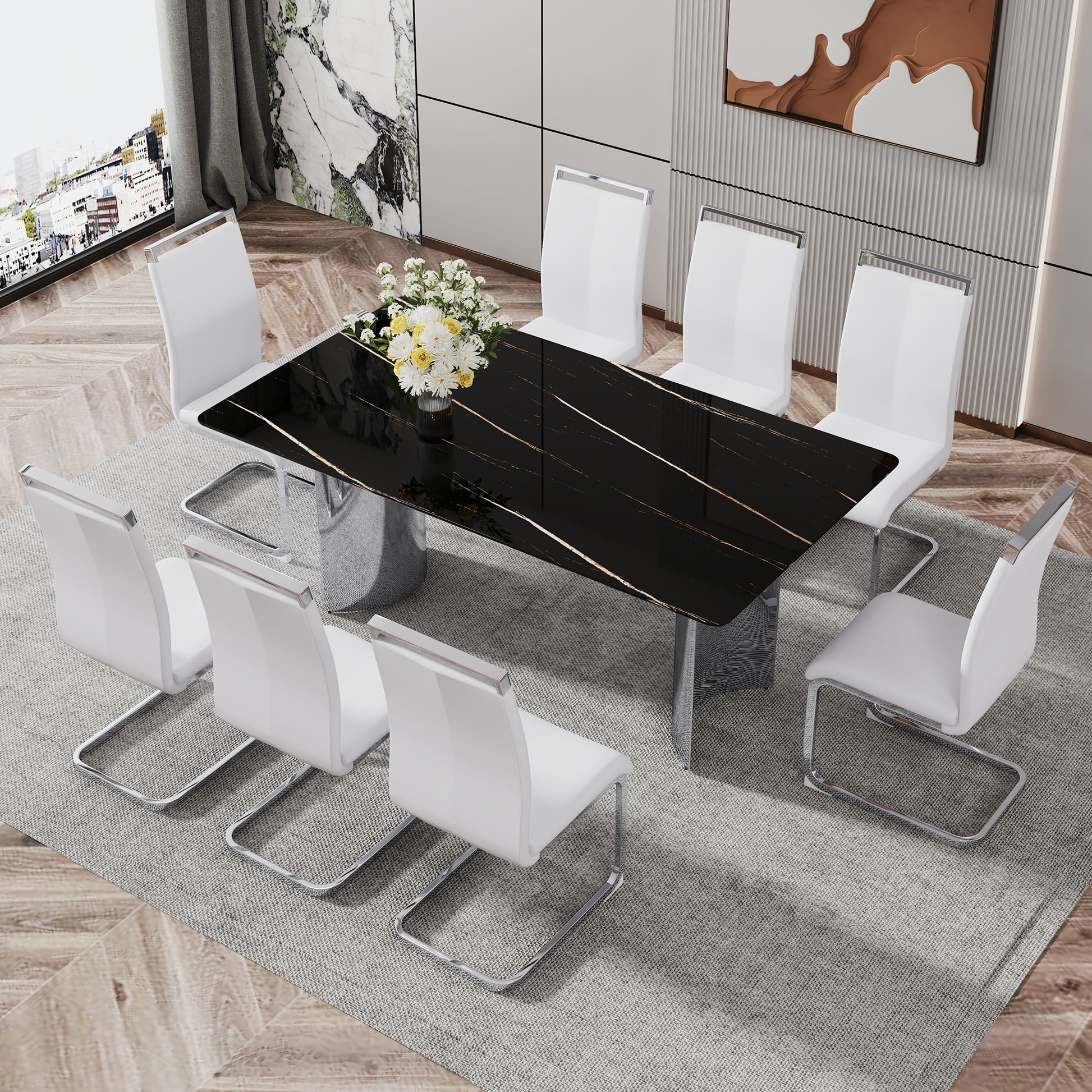 Modern Minimalist Dining Table. The Black Imitation Marble Glass Desktop Is Equipped With Silver Metal Legs. Suitable For Restaurants And Living Rooms 71 "* 39.3" * 29.5 "Dt 69 Black Glass