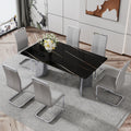 Modern Minimalist Dining Table. The Black Imitation Marble Glass Desktop Is Equipped With Silver Metal Legs. Suitable For Restaurants And Living Rooms 71 