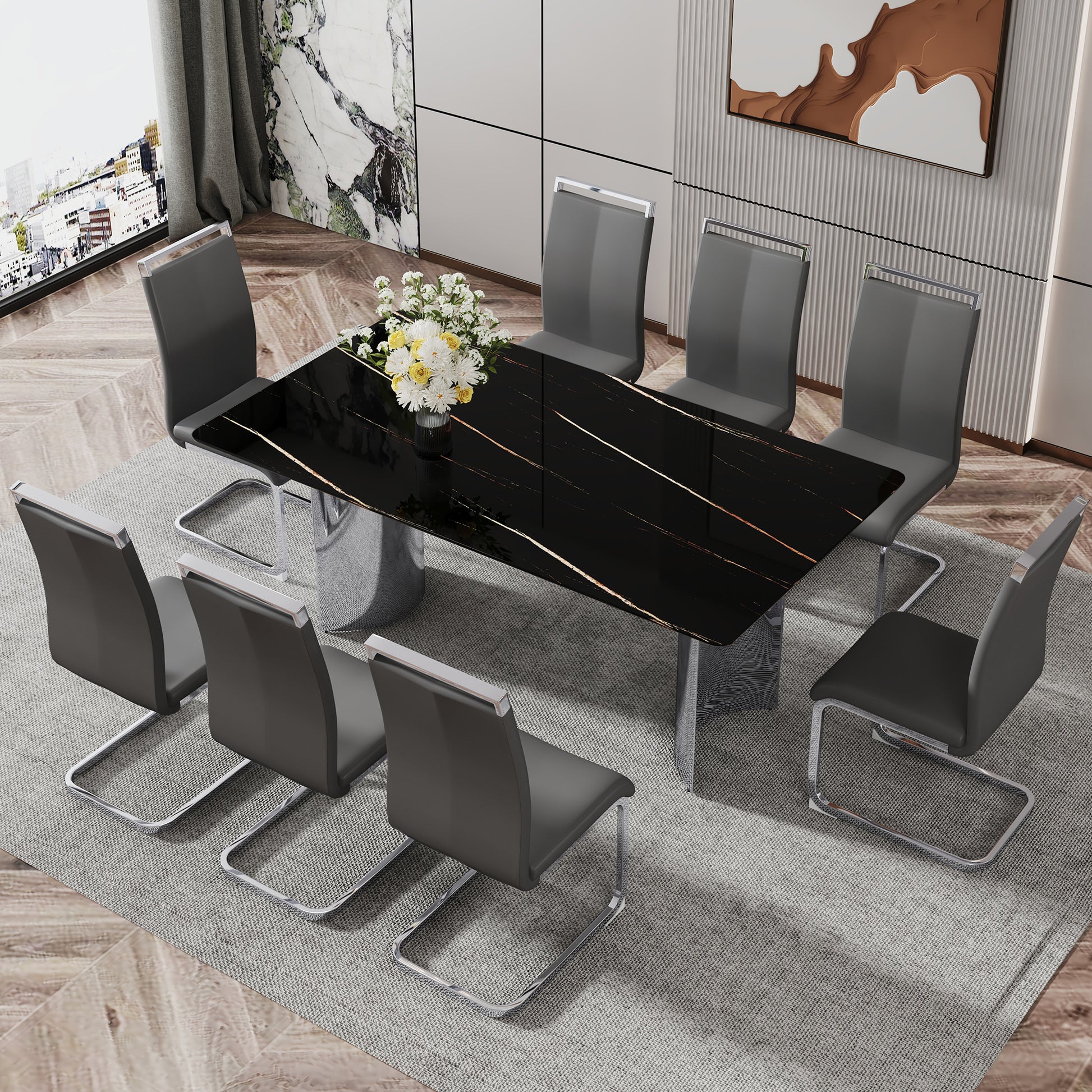 Modern Minimalist Dining Table. The Black Imitation Marble Glass Desktop Is Equipped With Silver Metal Legs. Suitable For Restaurants And Living Rooms 71 "* 39.3" * 29.5 "Dt 69 Black Glass