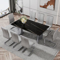 Modern Minimalist Dining Table. The Black Imitation Marble Glass Desktop Is Equipped With Silver Metal Legs. Suitable For Restaurants And Living Rooms 71 