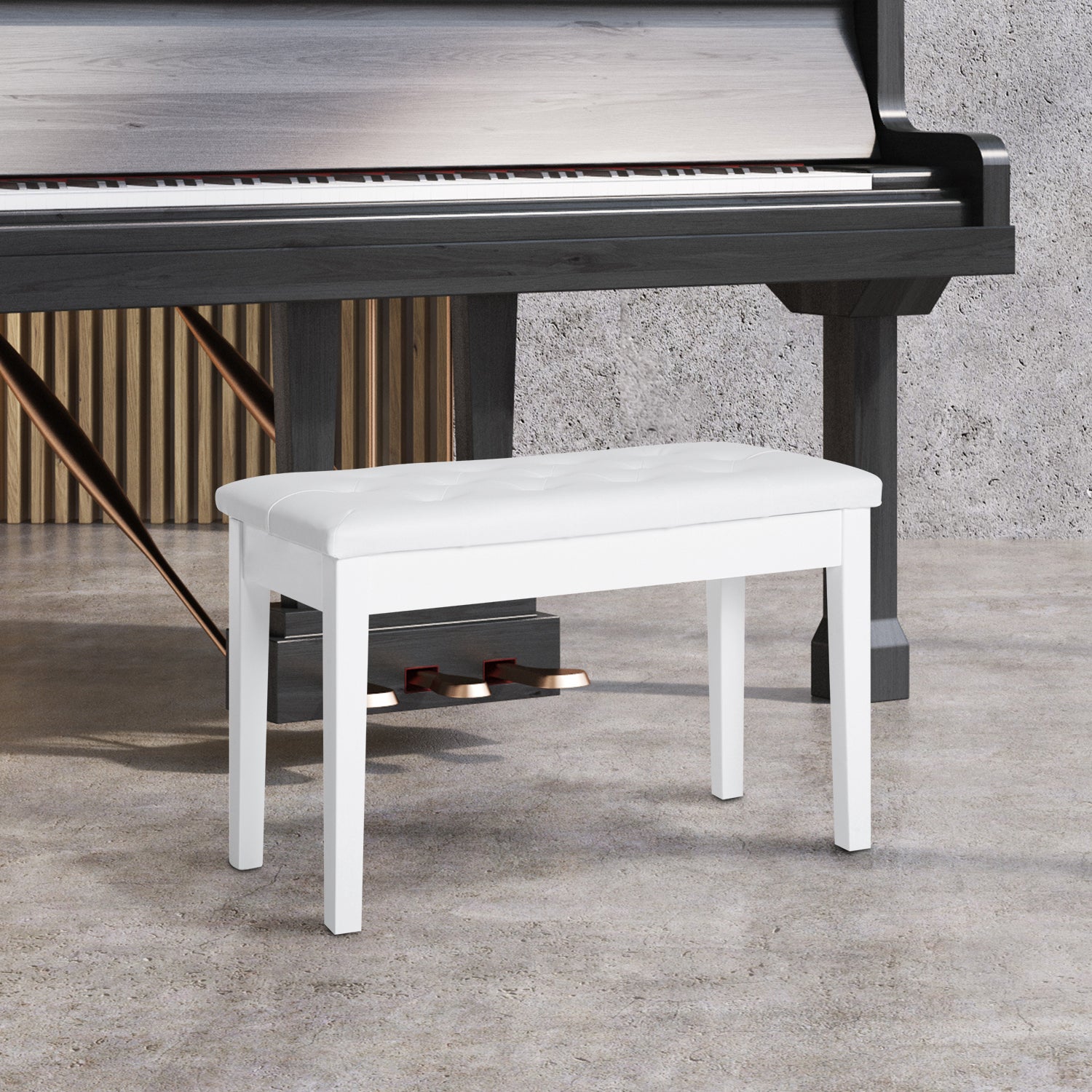 Piano Bench, Duet Piano Chair With Faux Leather Padded Cushion And Wooden Frame, Button Tufted Keyboard Bench, White White Rubber Wood