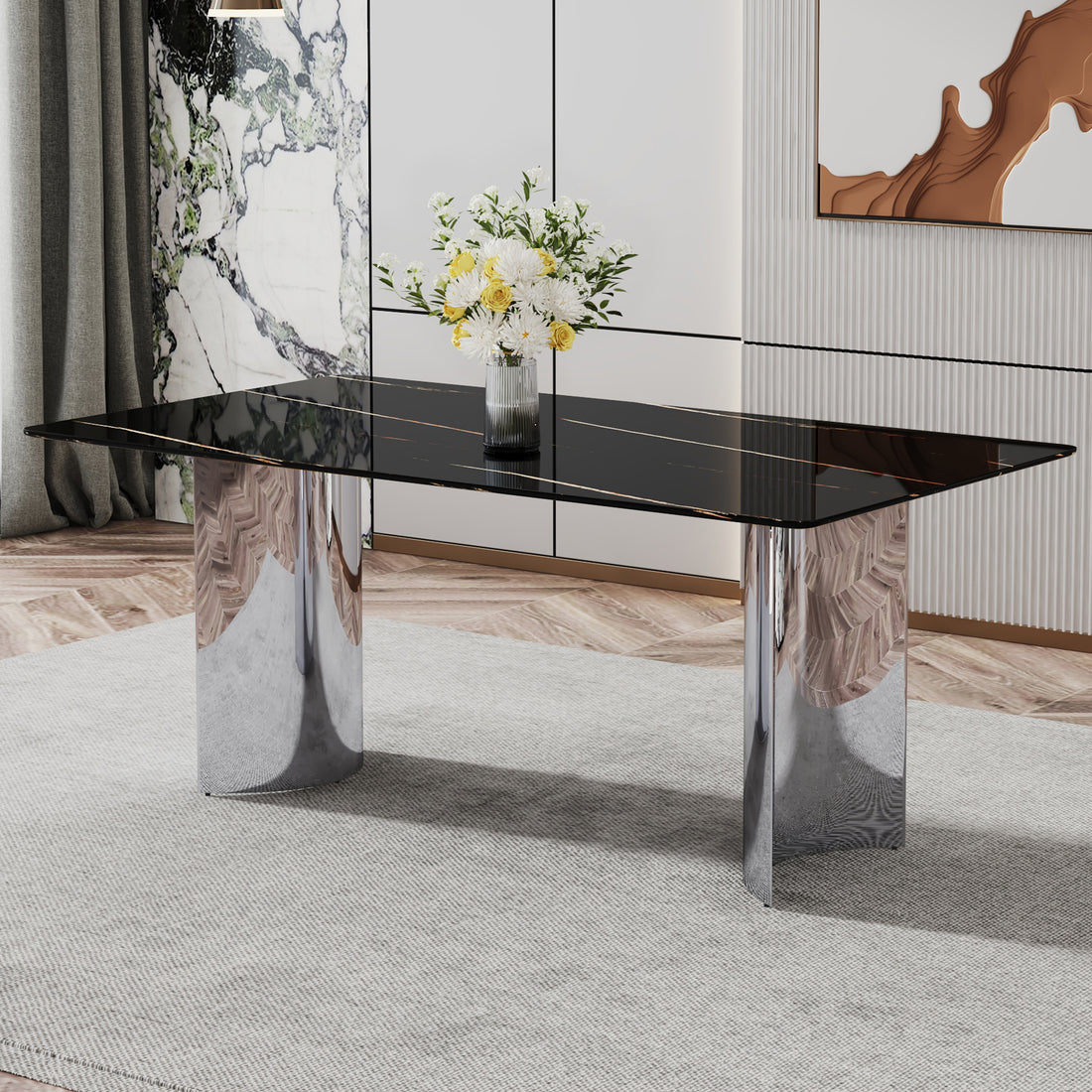 Modern Minimalist Dining Table. The Black Imitation Marble Glass Desktop Is Equipped With Silver Metal Legs. Suitable For Restaurants And Living Rooms 71 "* 39.3" * 29.5 "Dt 69 Black Glass