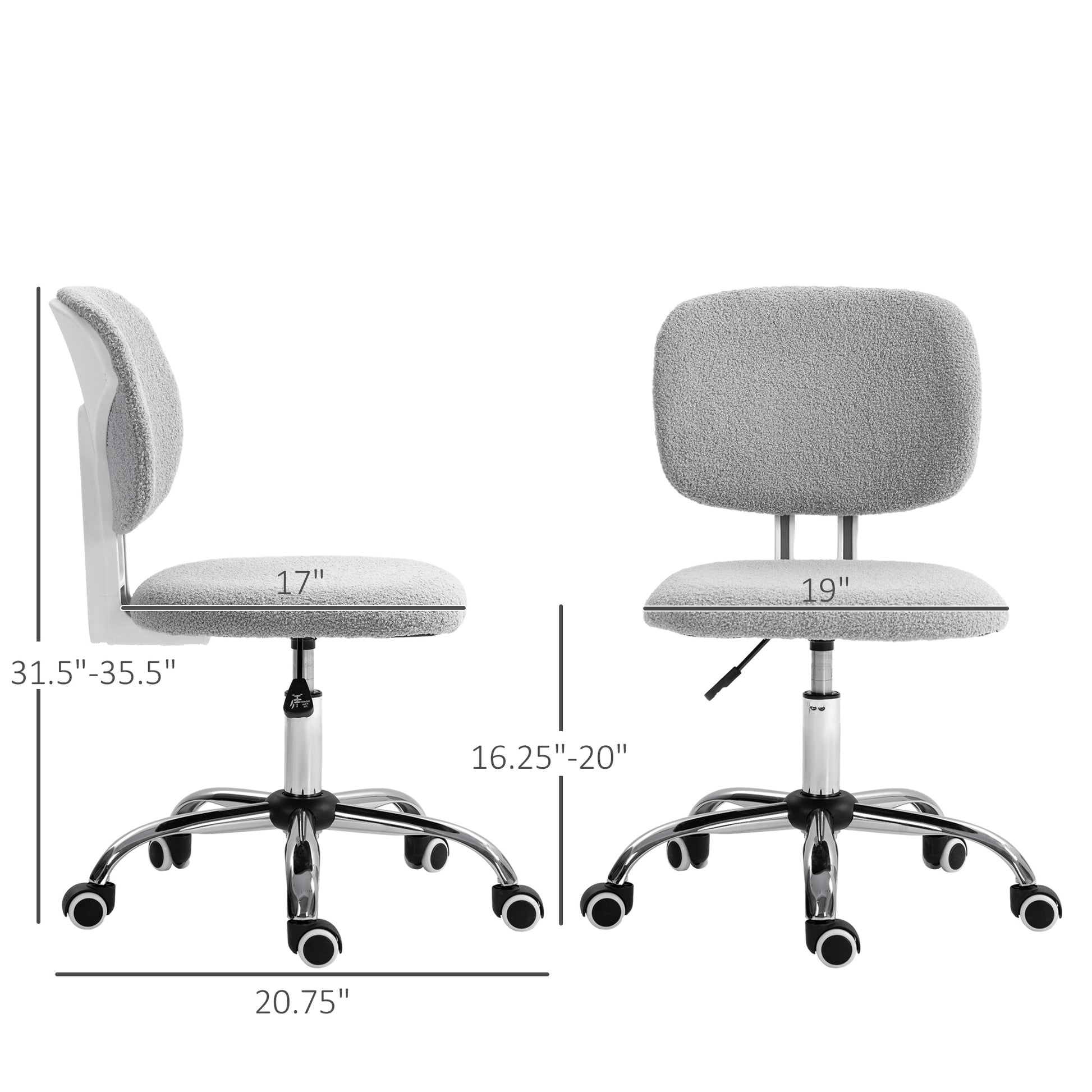 Cute Armless Office Chair, Teddy Fleece Fabric Computer Desk Chair, Vanity Task Chair With Adjustable Height, Swivel Wheels, Mid Back, Light Gray Light Gray Polyester