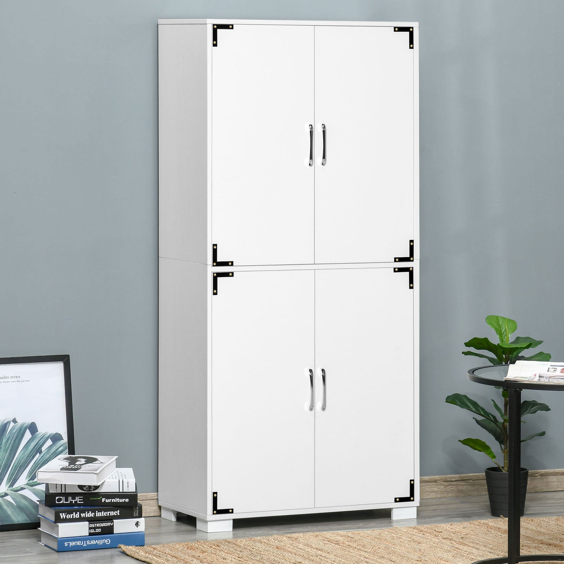 Industrial Kitchen Pantry Cabinet With 4 Door Cupboard And Storage Shelves, Freestanding Storage Cabinet, White White Engineered Wood