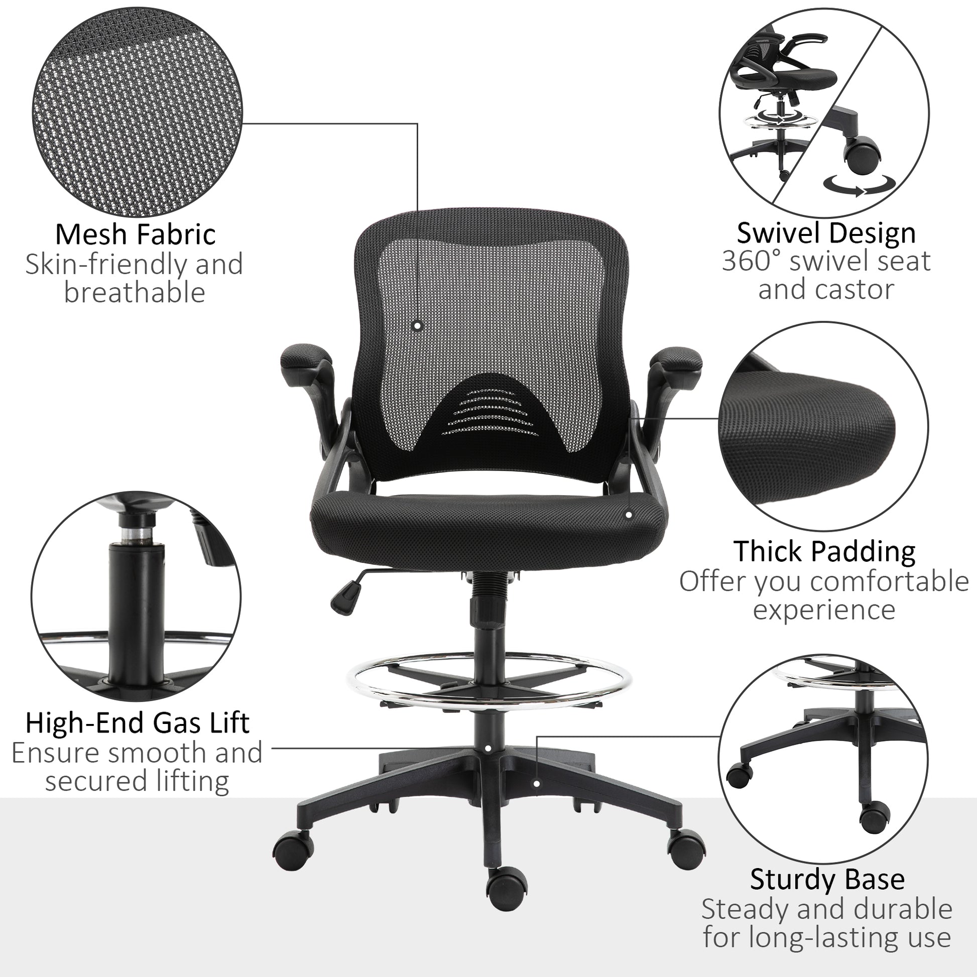 Mesh Drafting Chair, Tall Office Chair With Lumbar Support, Flip Up Armrests, Footrest Ring And Adjustable Seat Height, Black Black Foam