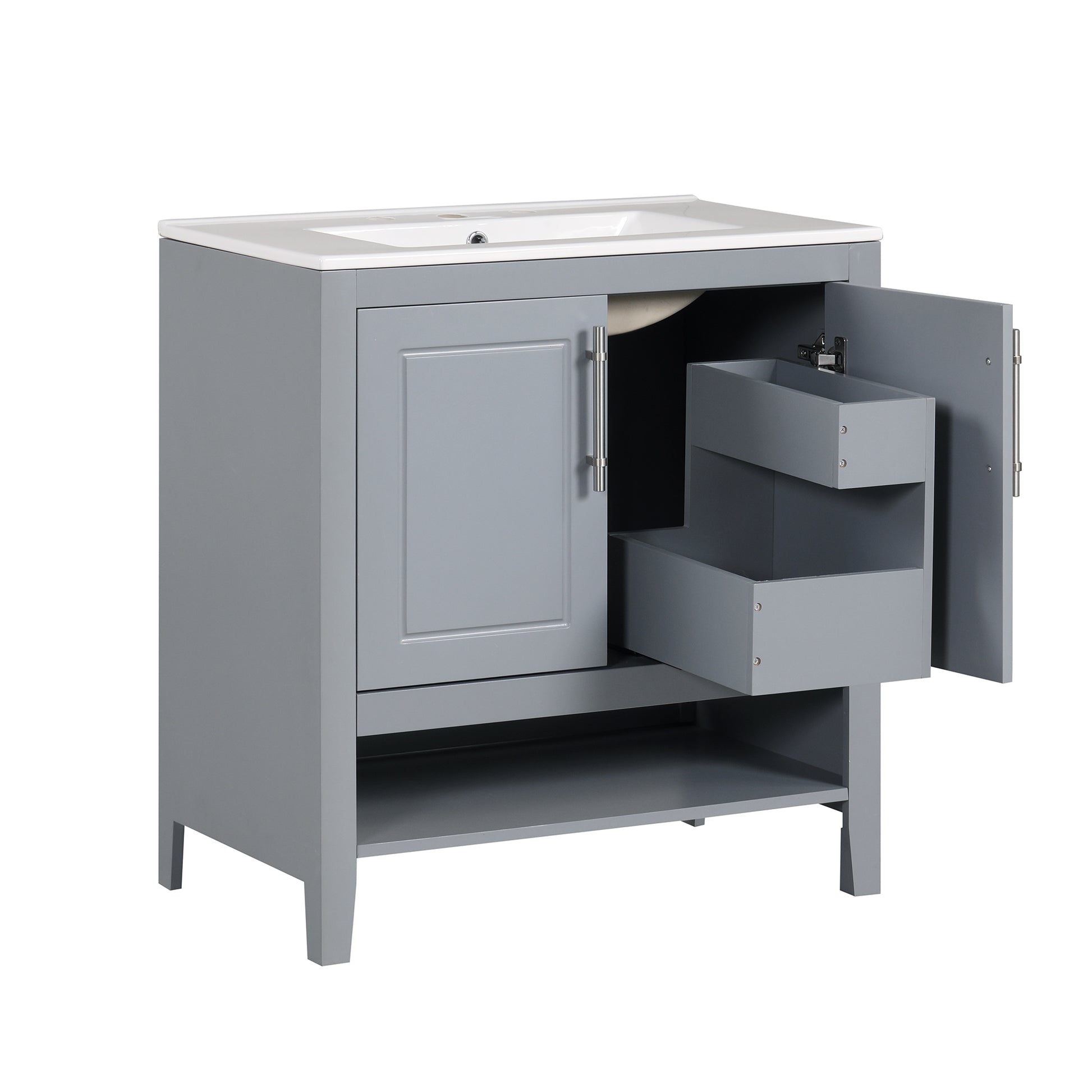 30" Bathroom Vanity With Sink, Multi Functional Bathroom Cabinet With Doors And Drawers, Solid Frame And Mdf Board, Grey Grey Solid Wood Mdf