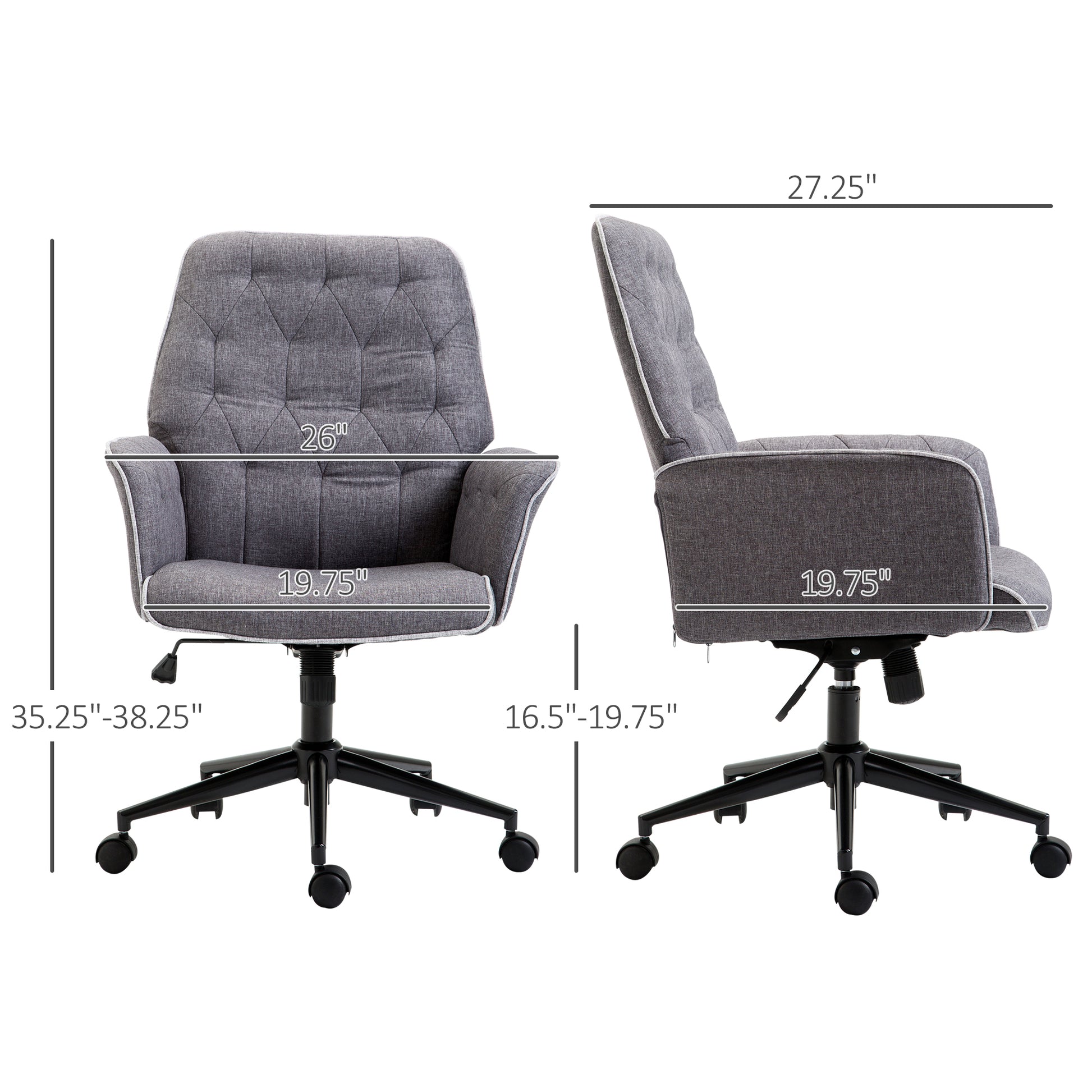 Linen Home Office Chair, Tufted Height Adjustable Computer Desk Chair With Swivel Wheels And Padded Armrests, Dark Gray Grey Fabric