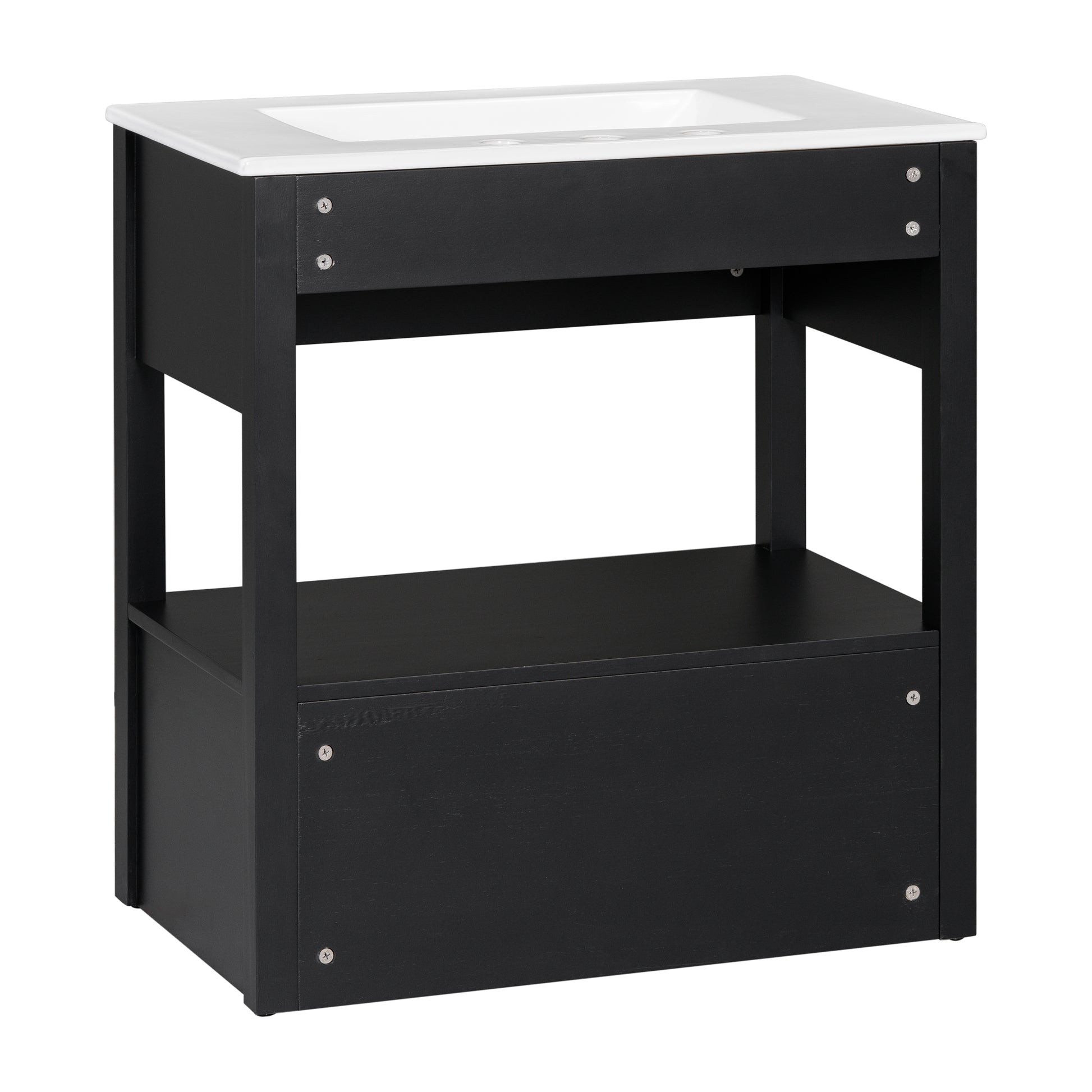 30" Bathroom Vanity With Sink Top, Bathroom Cabinet With Open Storage Shelf And Two Drawers, One Package, Black Old Sku:Wf311619Aap Black Solid Wood Mdf