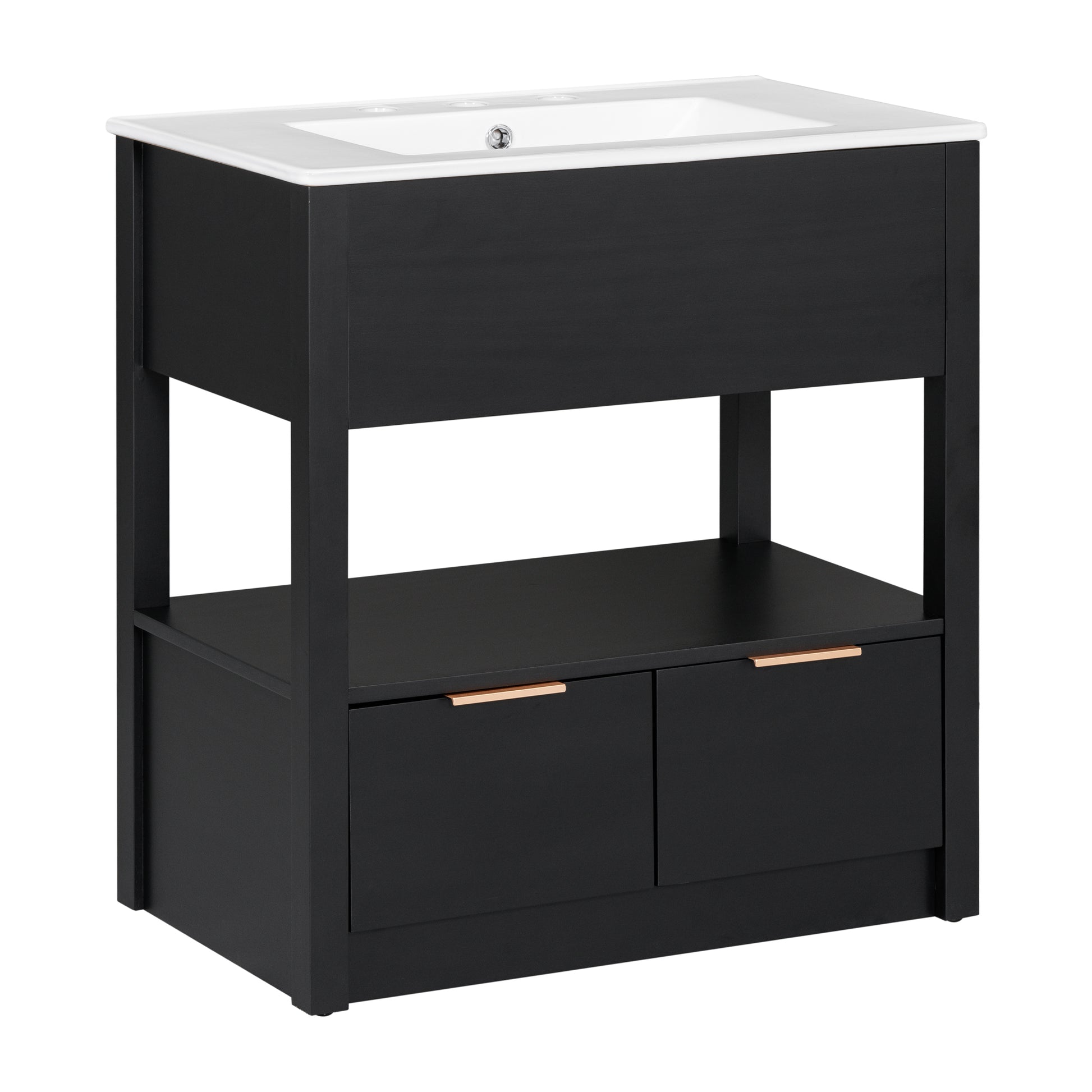 30" Bathroom Vanity With Sink Top, Bathroom Cabinet With Open Storage Shelf And Two Drawers, One Package, Black Old Sku:Wf311619Aap Black Solid Wood Mdf
