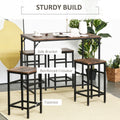 5 Piece Industrial Dining Table Set, Bar Table & 4 Stools Set, Space Saving For Pub & Kitchen, Black Brown Rustic Brown Particle Board