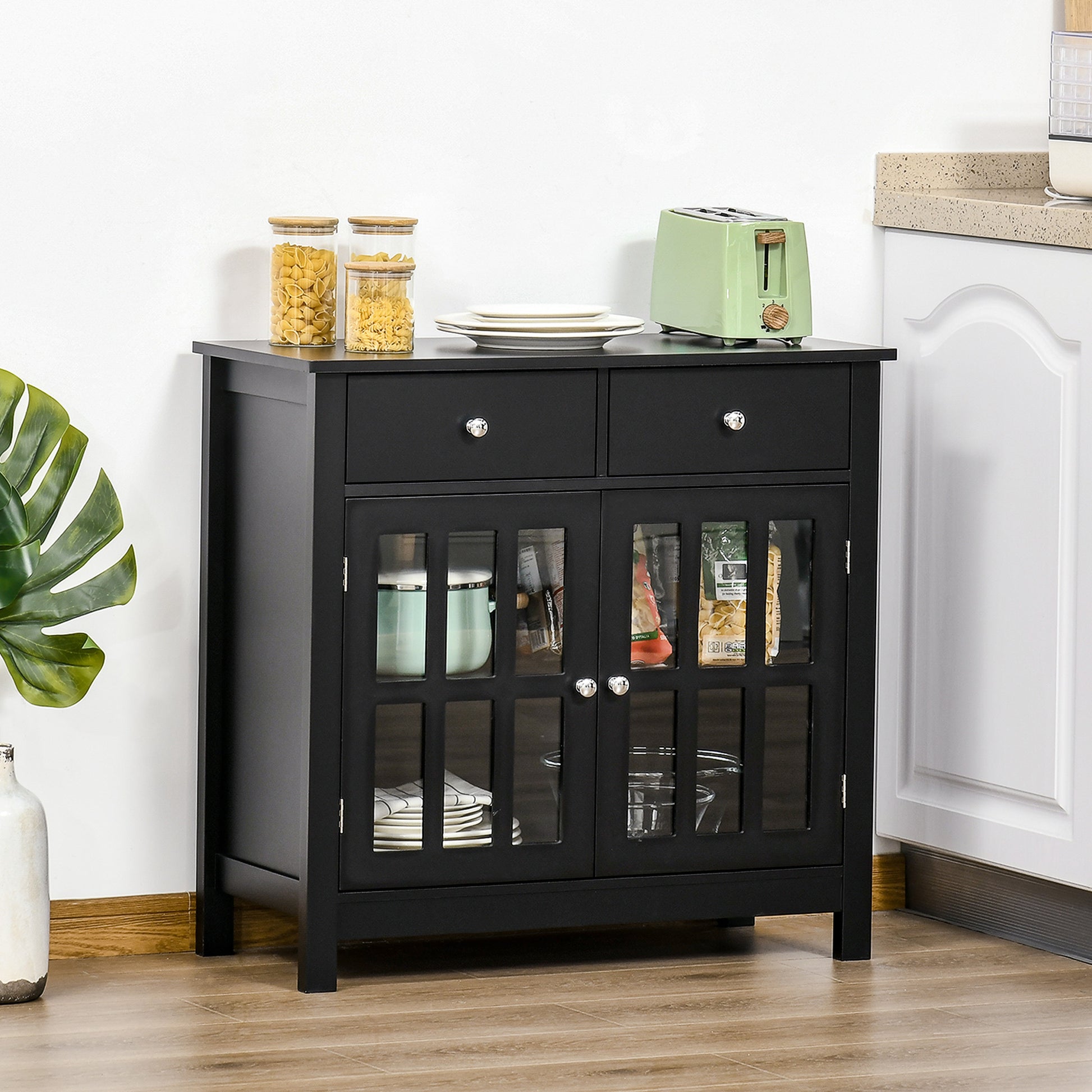 Sideboard Buffet Cabinet, Accent Kitchen Cabinet With Glass Doors, Adjustable Shelf And 2 Drawers For Kitchen, Black Black Mdf Glass