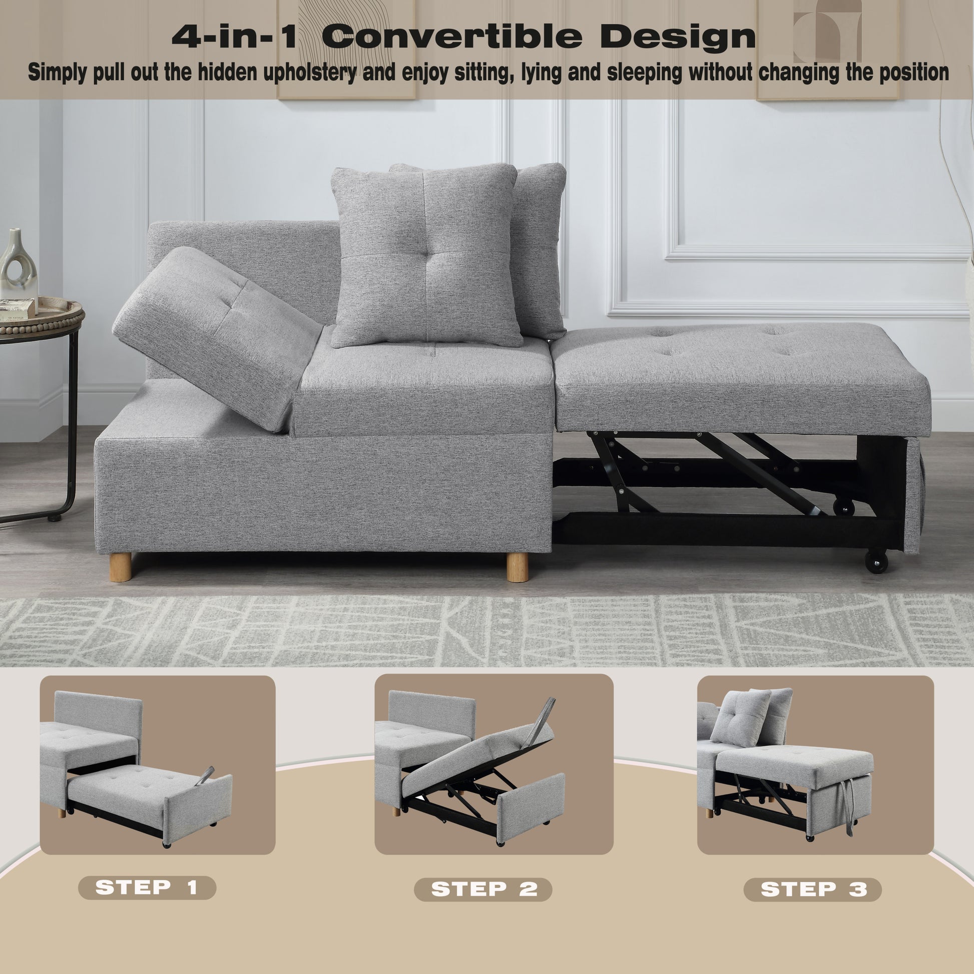 4 In 1 Convertible Sofas & Couches, Single Extendable Sofa With 6 Position Adjustable Back, Sofa Bed With 2 Pillows, Light Gray Light Gray Linen Armless Wood Fabric 1 Seat