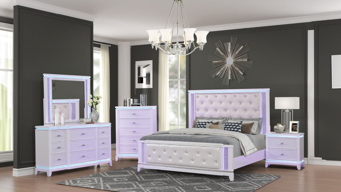 Opium Queen 5 Pc Bedroom Set In Milky White Box Spring Required Queen White Wood 5 Piece Set Bedroom Bed Included,Chest Included,Dresser Included,Mirror Included,Nightstand Included Contemporary,Modern Upholstered Built In Lighting Wood