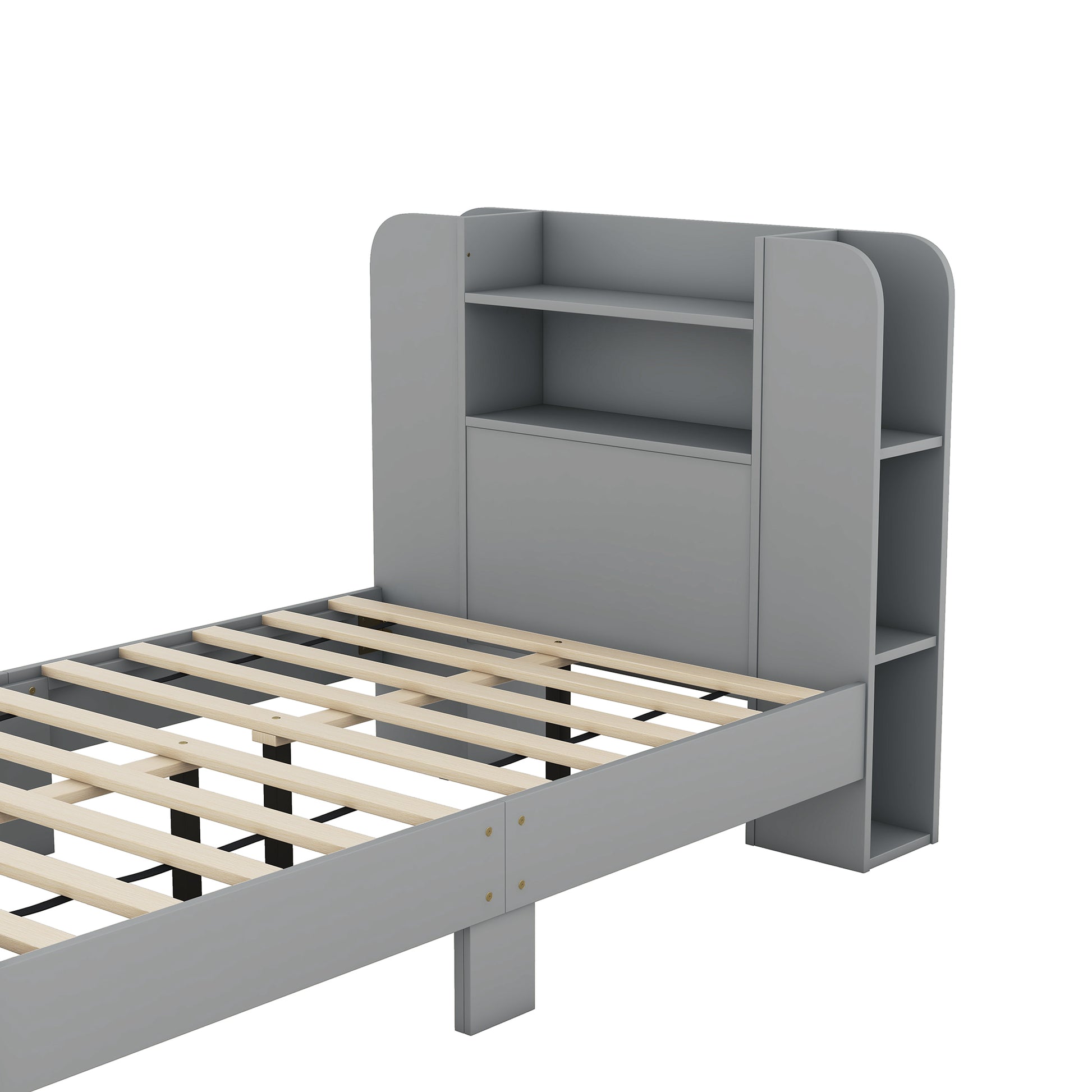 Twin Size Platform Bed With Storage Headboard,Multiple Storage Shelves On Both Sides,Grey Grey Wood