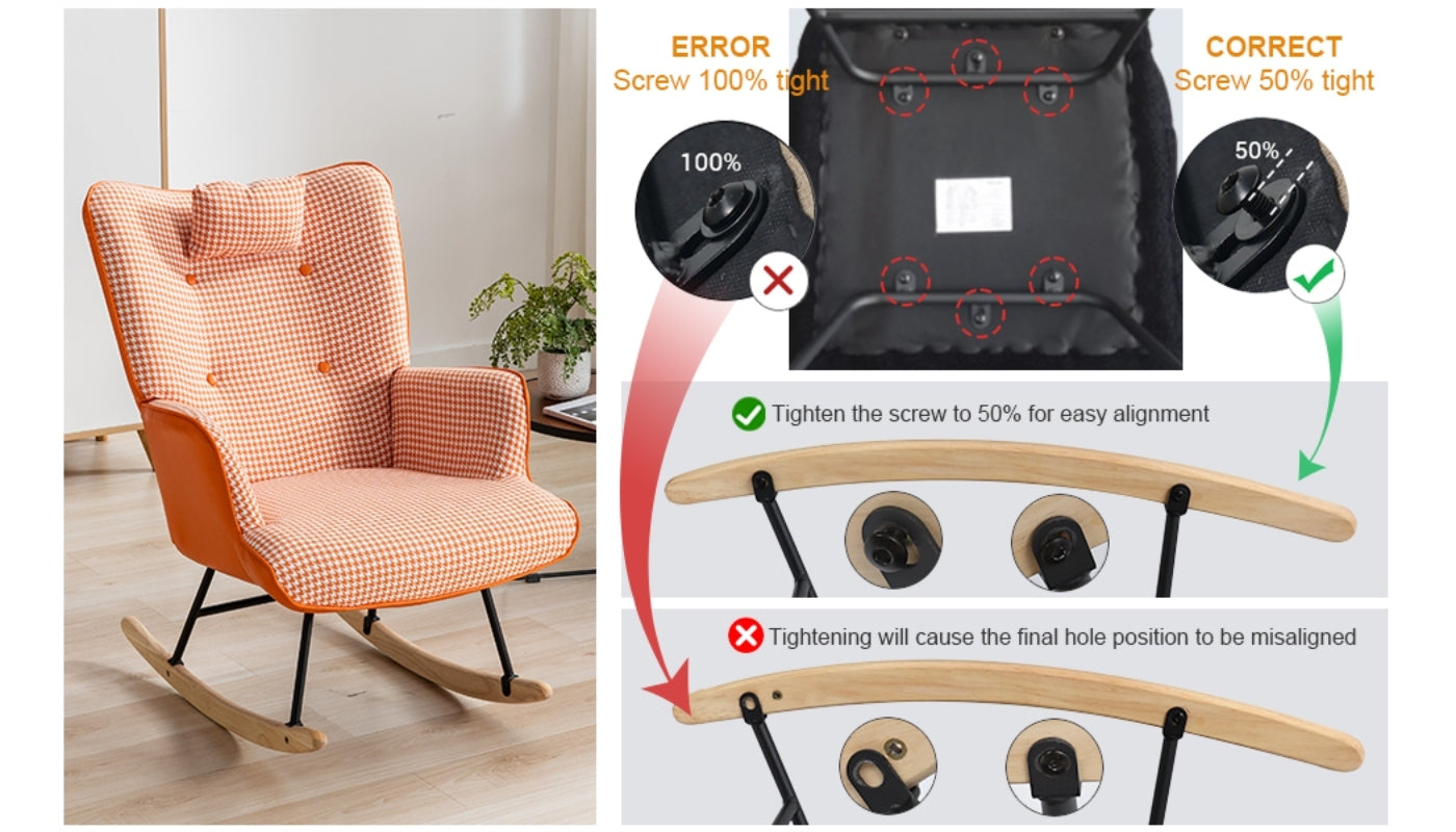 35.5 Inch Rocking Chair, Soft Houndstooth Fabric Leather Fabric Rocking Chair For Nursery, Comfy Wingback Glider Rocker With Safe Solid Wood Base For Living Room Bedroom Balcony Orange Orange Casual Foam Cotton Linen