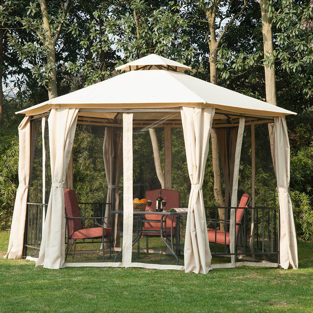 13' X 13' Patio Gazebo, Double Roof Hexagon Outdoor Gazebo Canopy Shelterwith Netting & Curtains, Solid Steel Frame For Garden, Lawn, Backyard And Deck, Beige Beige Steel
