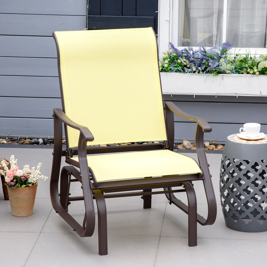 Outdoor Swing Glider Chair, Patio Mesh Rocking Chair With Steel Frame For Backyard, Garden And Porch, Beige Beige Steel