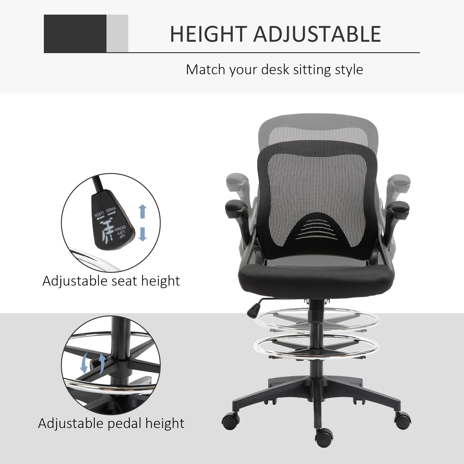 Mesh Drafting Chair, Tall Office Chair With Lumbar Support, Flip Up Armrests, Footrest Ring And Adjustable Seat Height, Black Black Foam