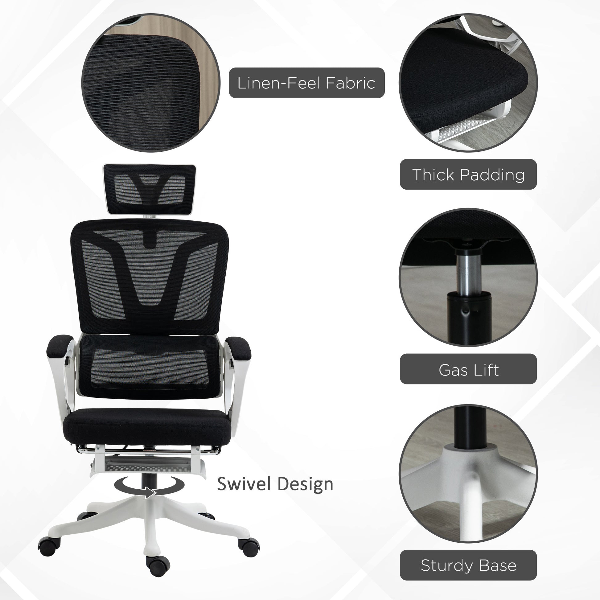 High Back Home Office Chair, Fabric Computer Desk Chair With Adjustable Headrest, Lumbar Support, Armrest, Foot Rest, Reclining Back, Black Black Polyester