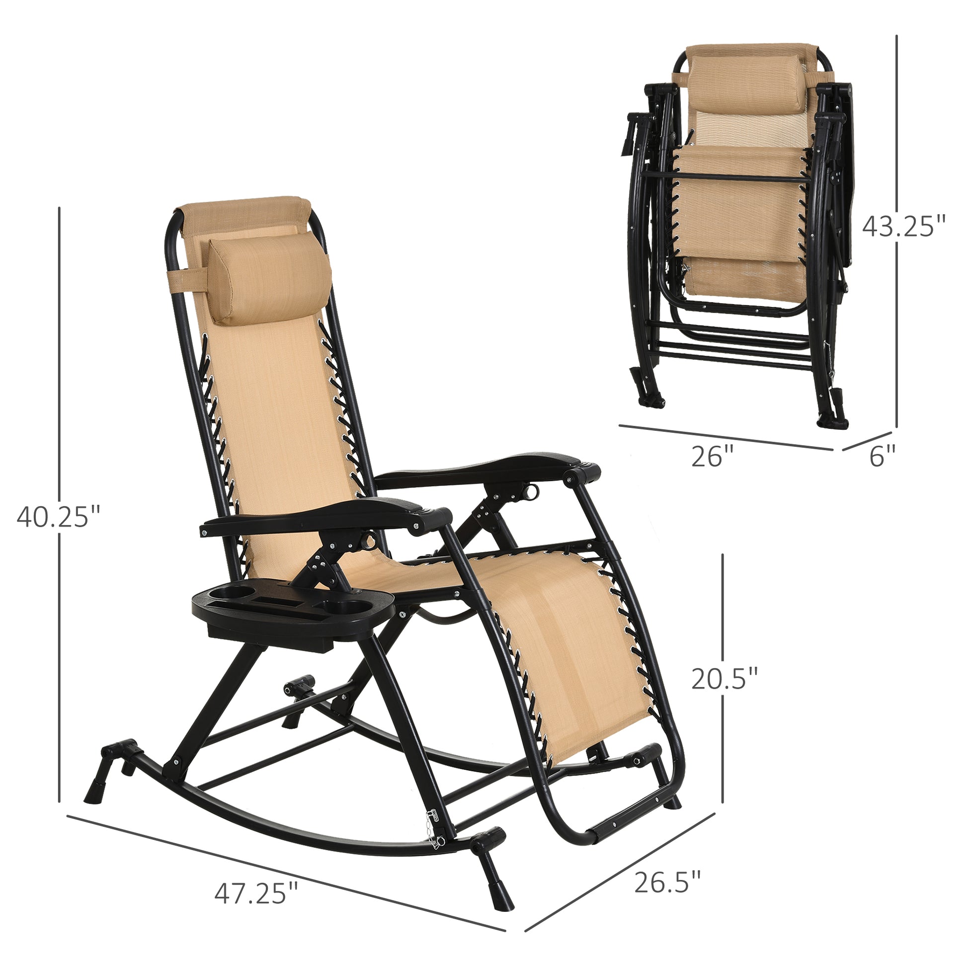 Outsunny Outdoor Rocking Chairs, Foldable Reclining Zero Gravity Lounge Rocker W Pillow, Cup & Phone Holder, Combo Design W Folding Legs, Beige Beige Steel