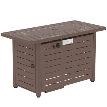 42 Inch Outdoor Propane Gas Fire Pit Table, 50,000 Btu Auto Ignition Rectangular Gas Firepit With Slat Tabletop, Lid, Lava Rocks, Rain Cover, Csa Certification, Brown Brown Steel